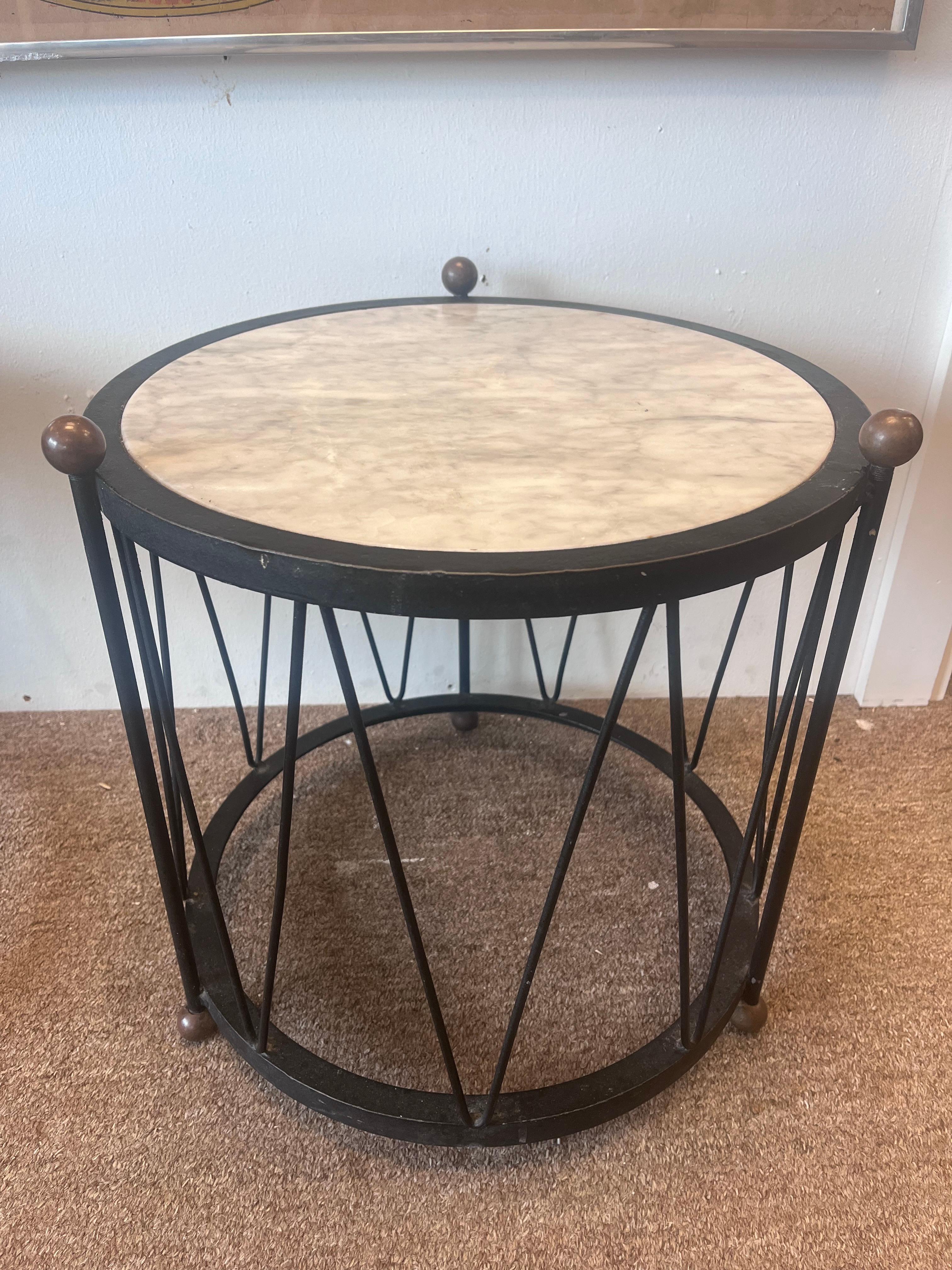 Pair Italian White Marble and Black Iron Drum Side or End Tables with Brass Ball 2