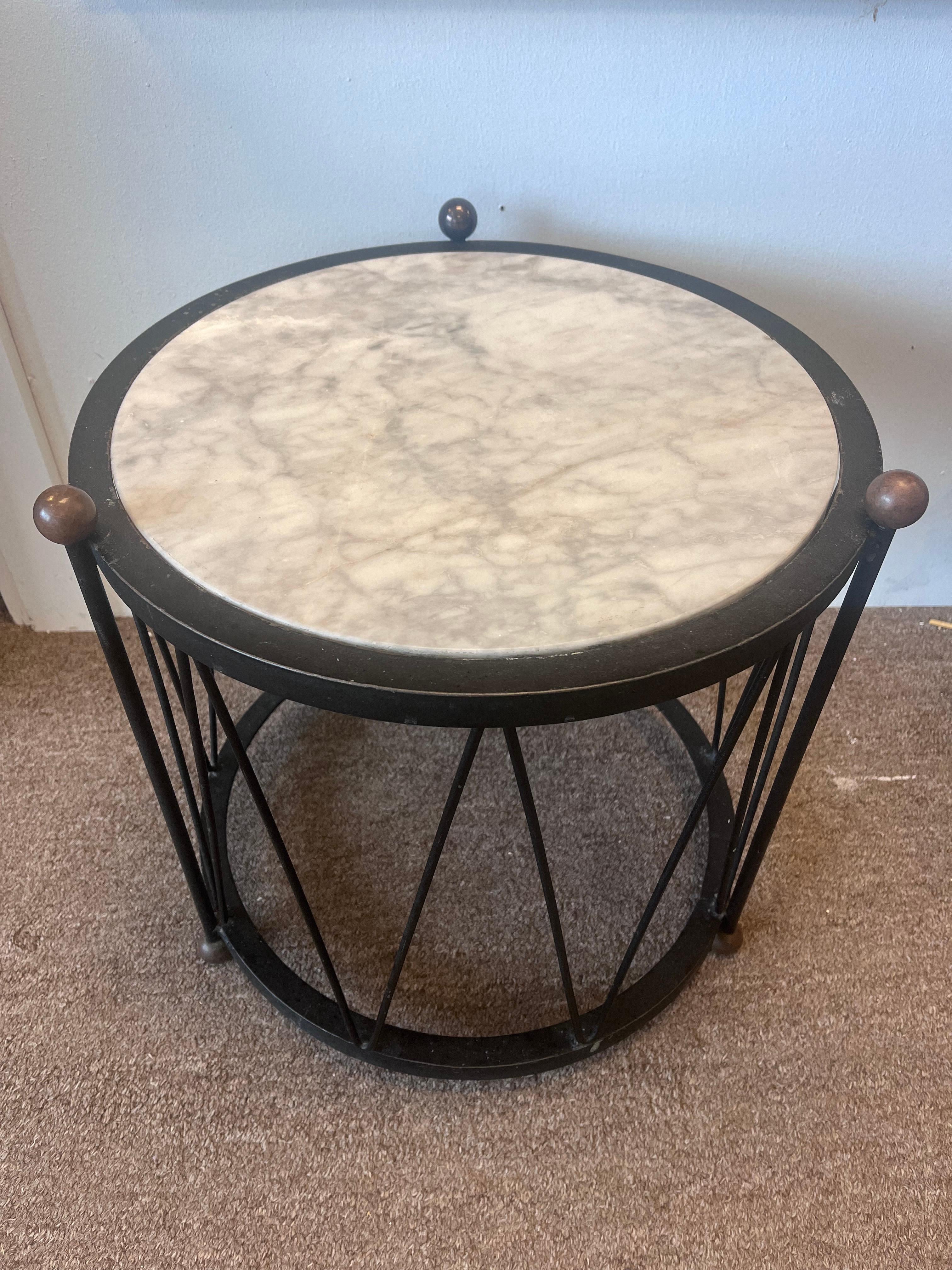 Pair Italian White Marble and Black Iron Drum Side or End Tables with Brass Ball 3