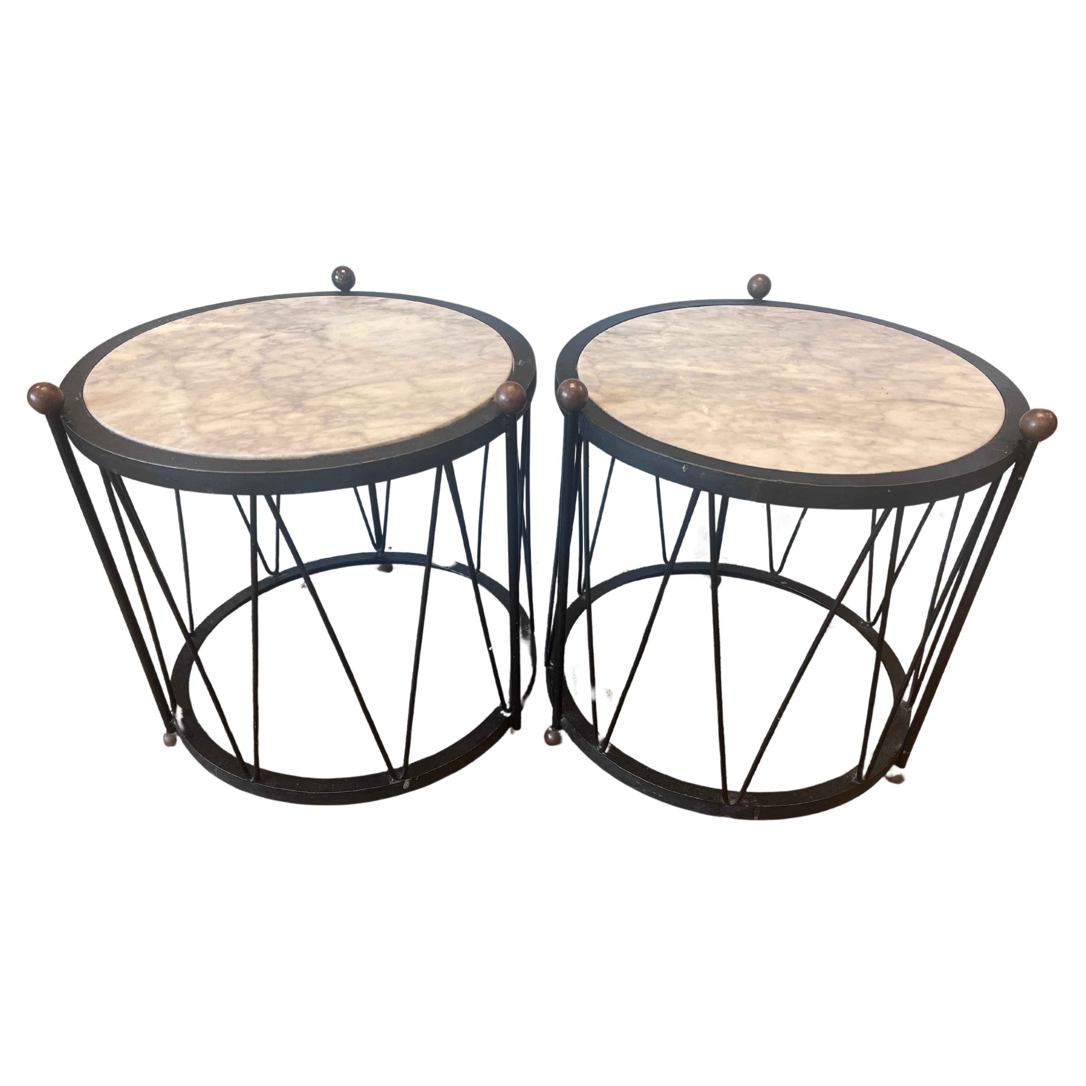 Pair Italian White Marble and Black Iron Drum Side or End Tables with Brass Ball