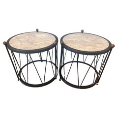Pair Italian White Marble and Black Iron Drum Side or End Tables with Brass Ball