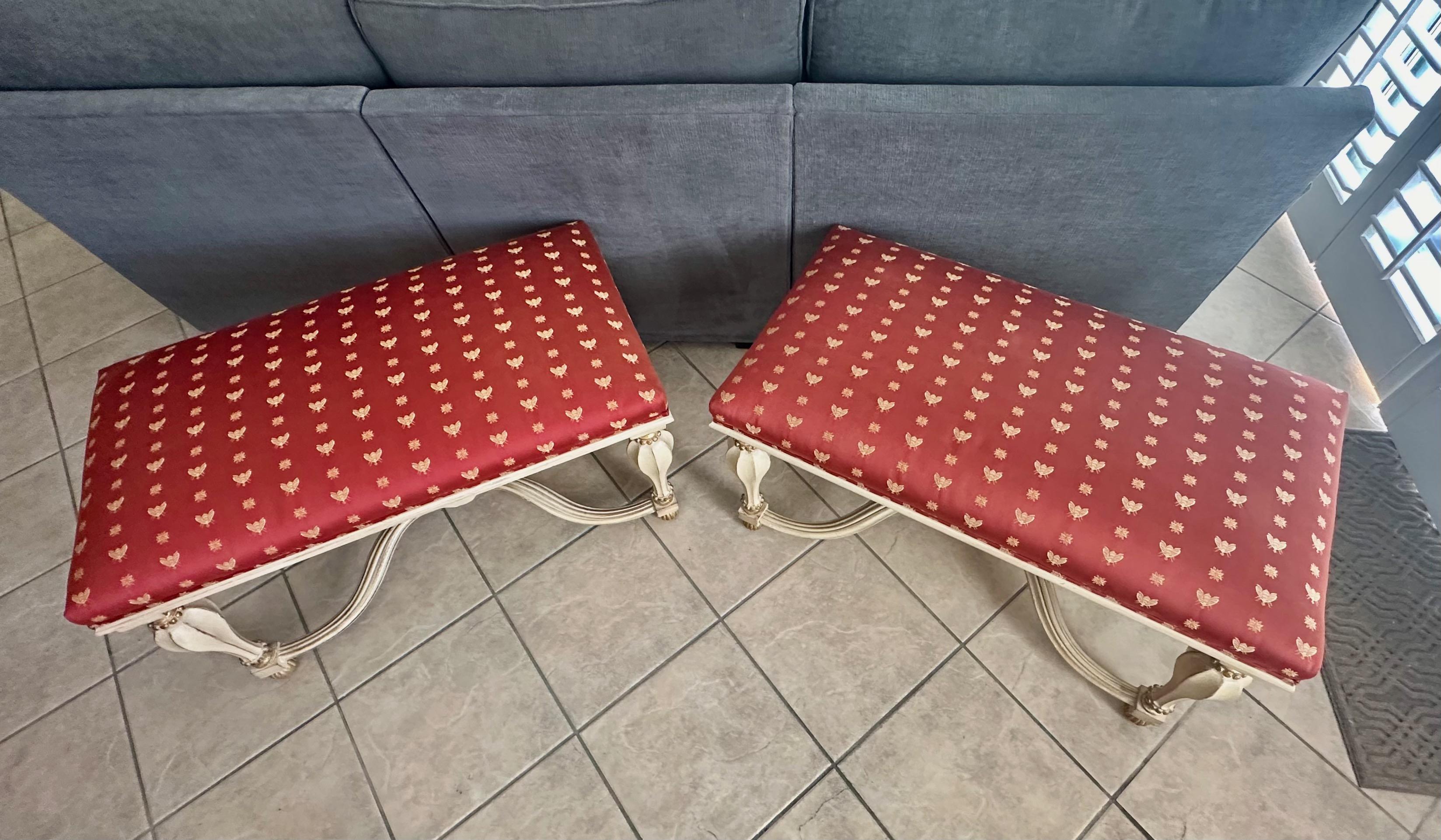 Pair Italian White & Partial Gilt Upholster Benches For Sale 5