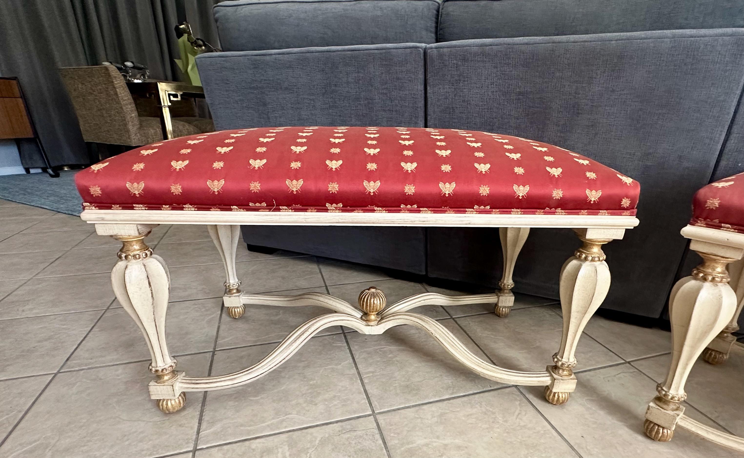 Pair Italian White & Partial Gilt Upholster Benches For Sale 6