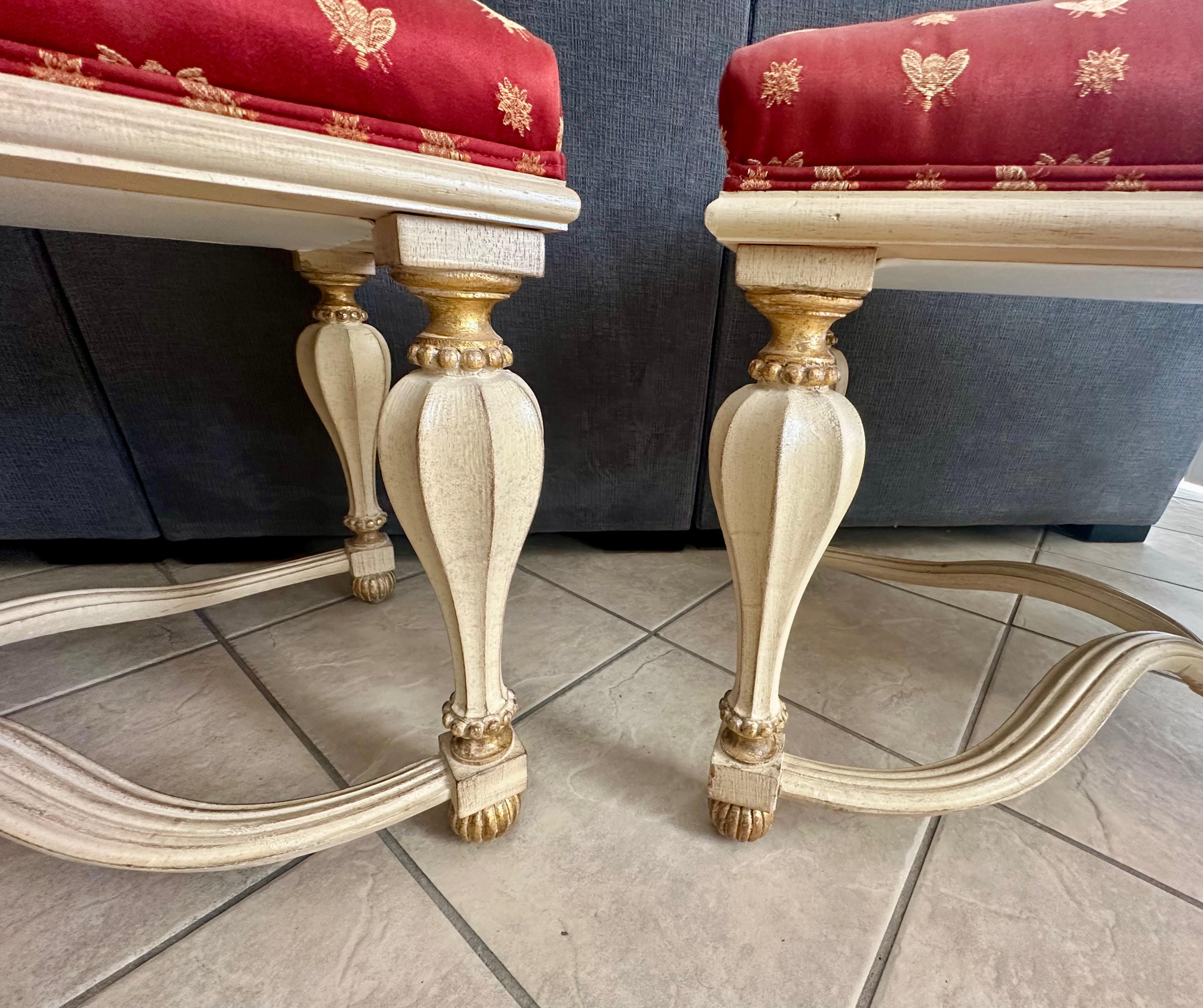 Pair Italian White & Partial Gilt Upholster Benches For Sale 8