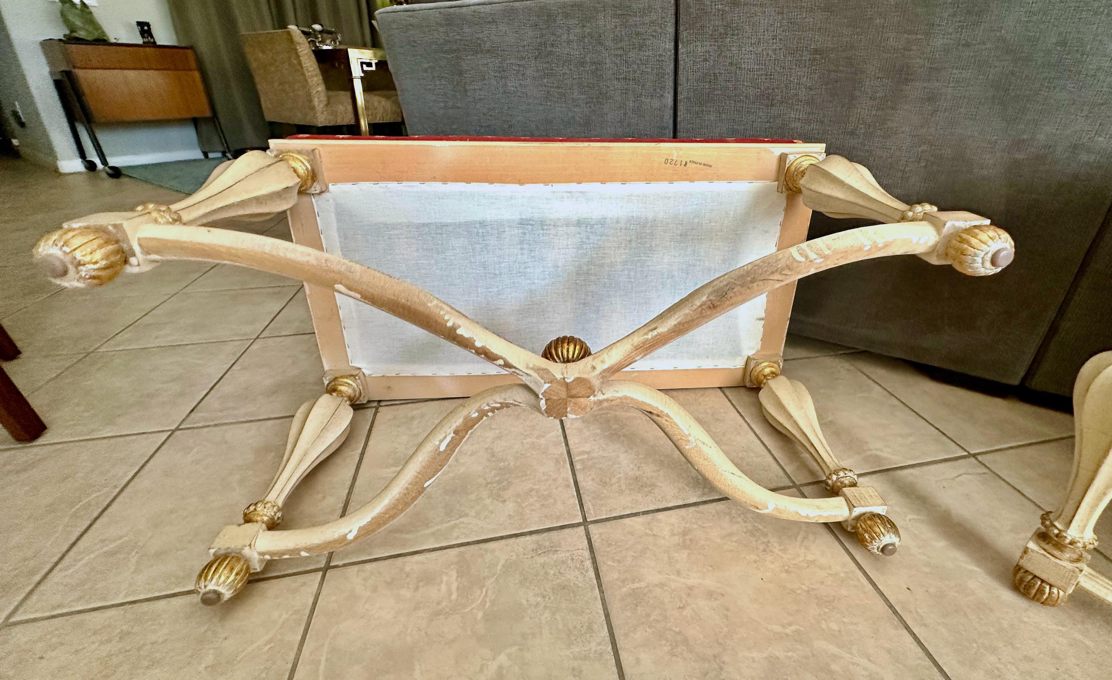 Pair Italian White & Partial Gilt Upholster Benches For Sale 13