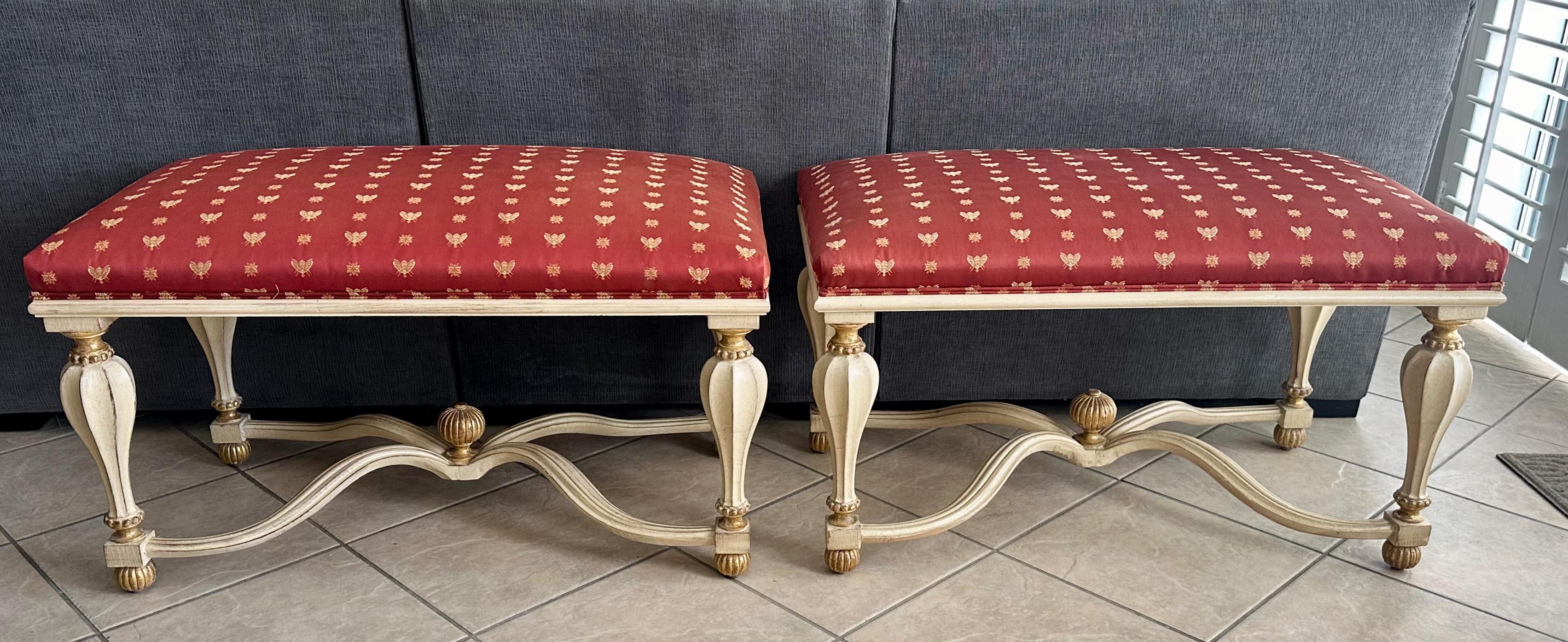 Pair Italian White & Partial Gilt Upholster Benches For Sale 15