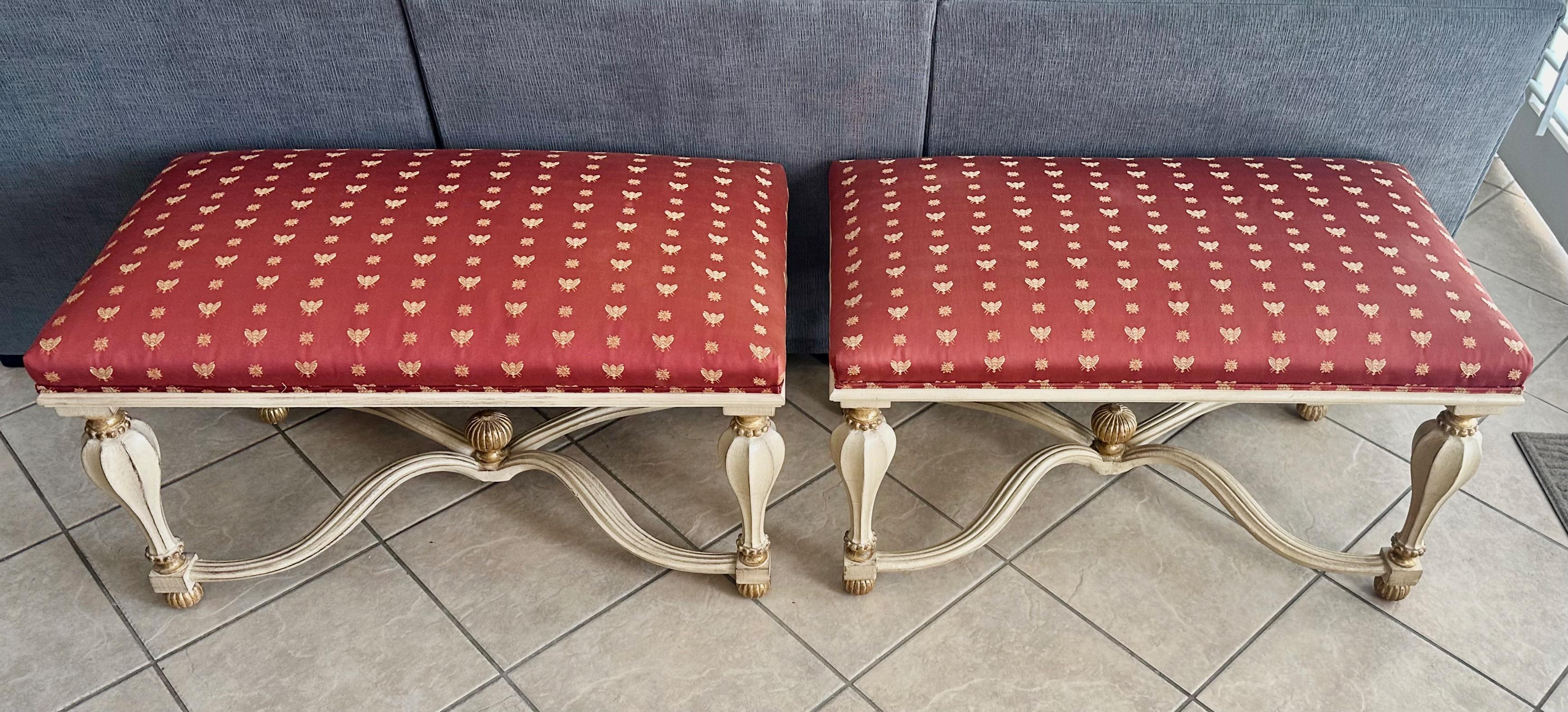 Late 20th Century Pair Italian White & Partial Gilt Upholster Benches For Sale