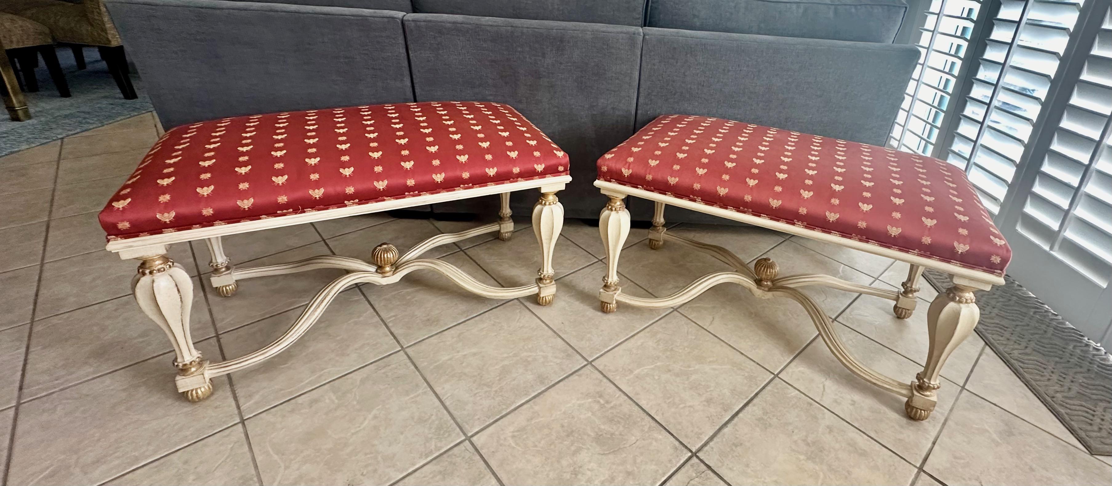 Upholstery Pair Italian White & Partial Gilt Upholster Benches For Sale
