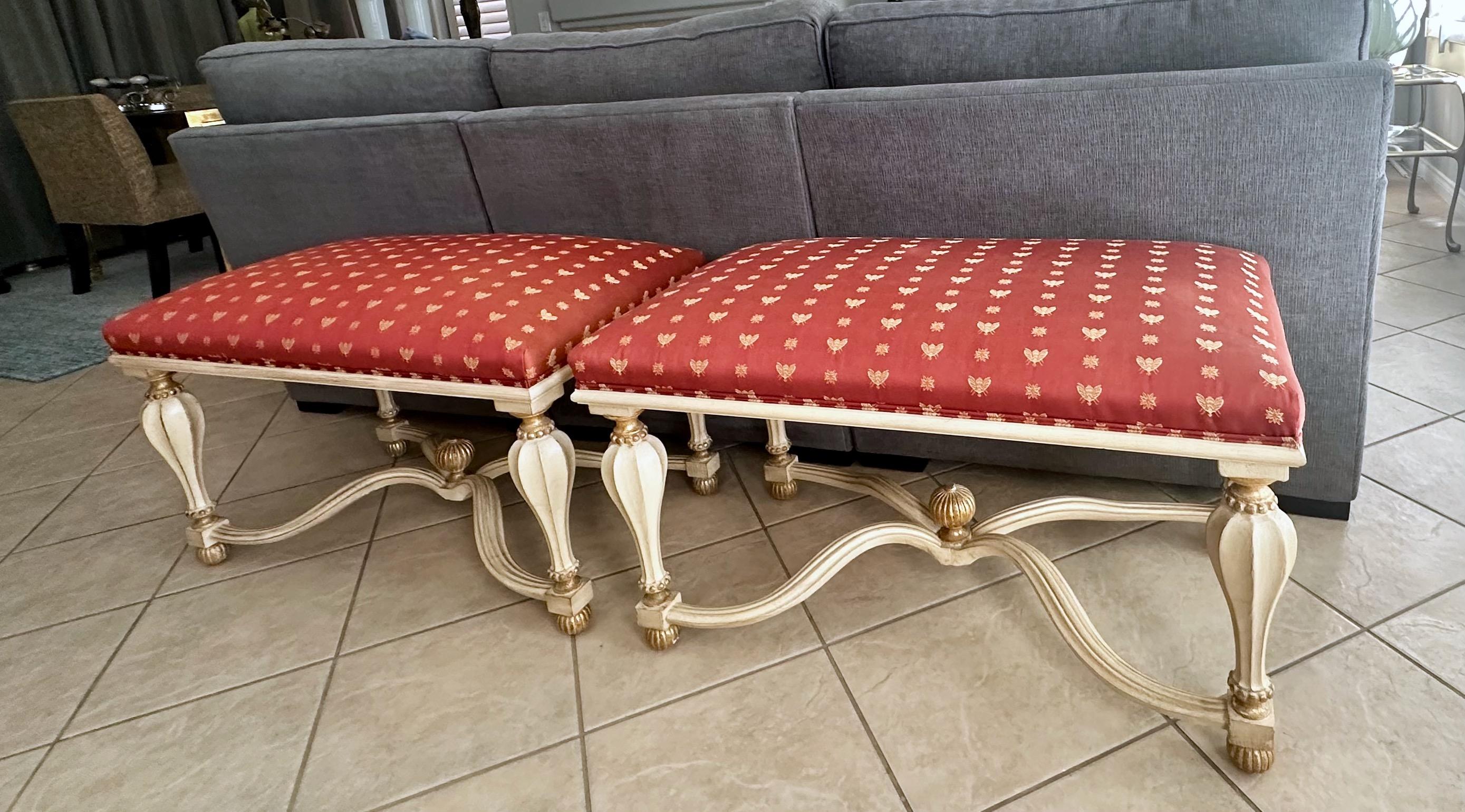 Pair Italian White & Partial Gilt Upholster Benches For Sale 1