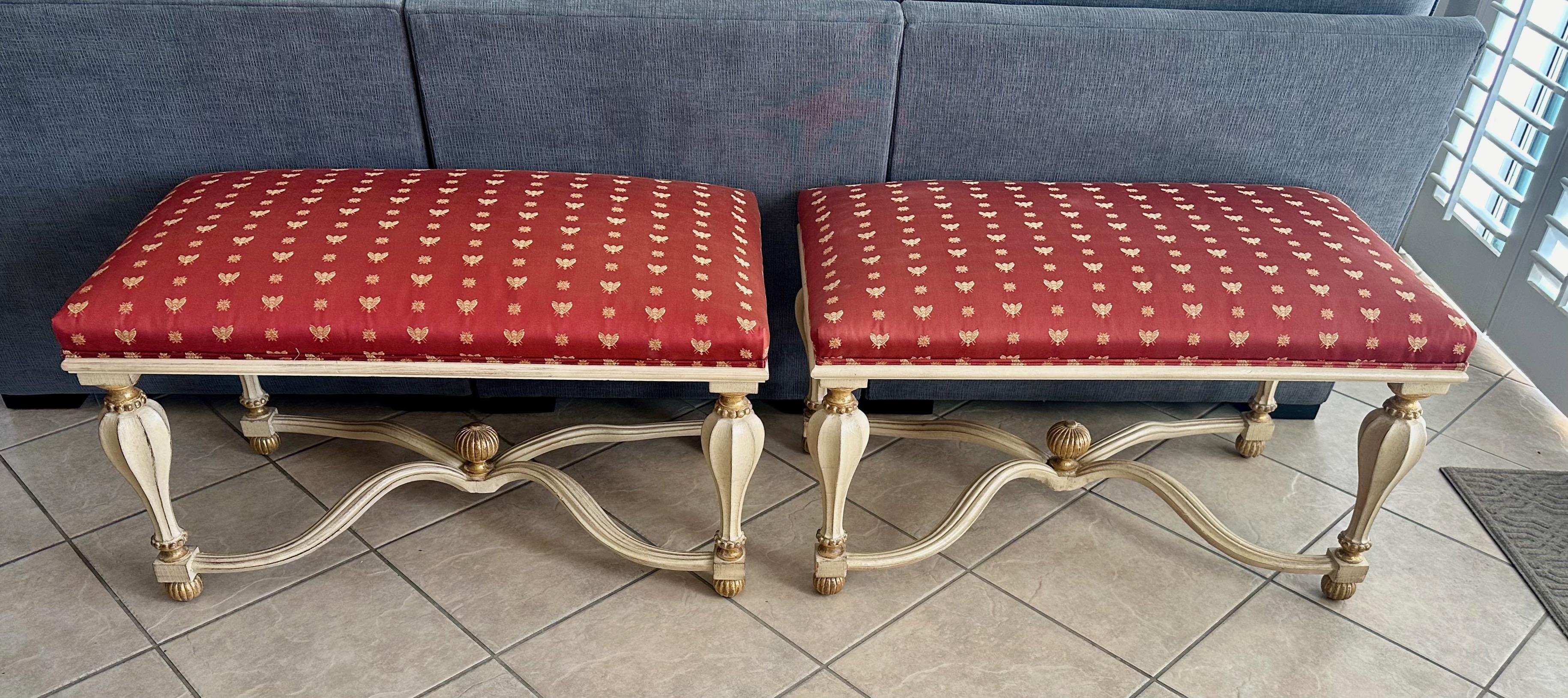 Pair Italian White & Partial Gilt Upholster Benches For Sale 2