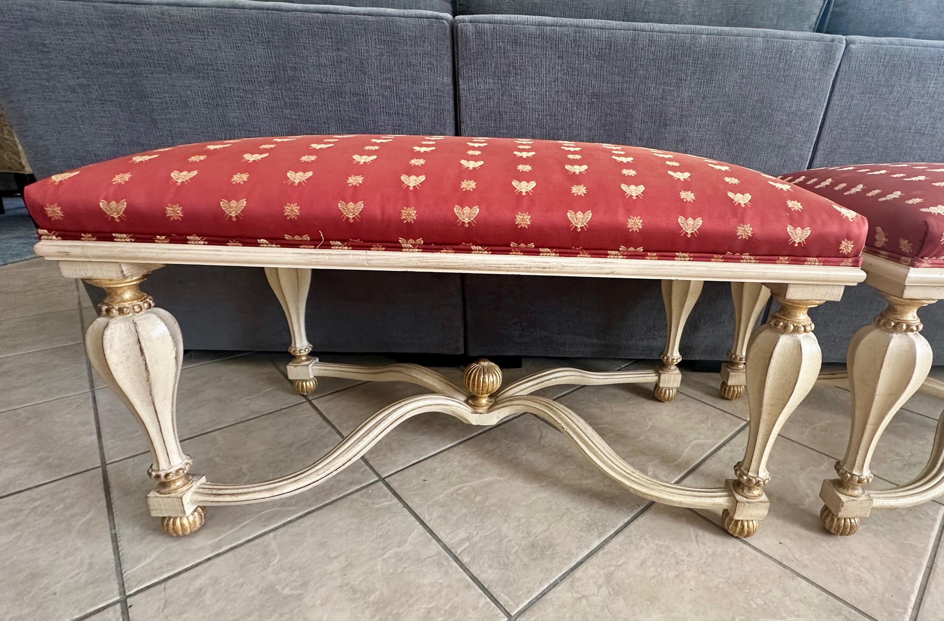Pair Italian White & Partial Gilt Upholster Benches For Sale 3