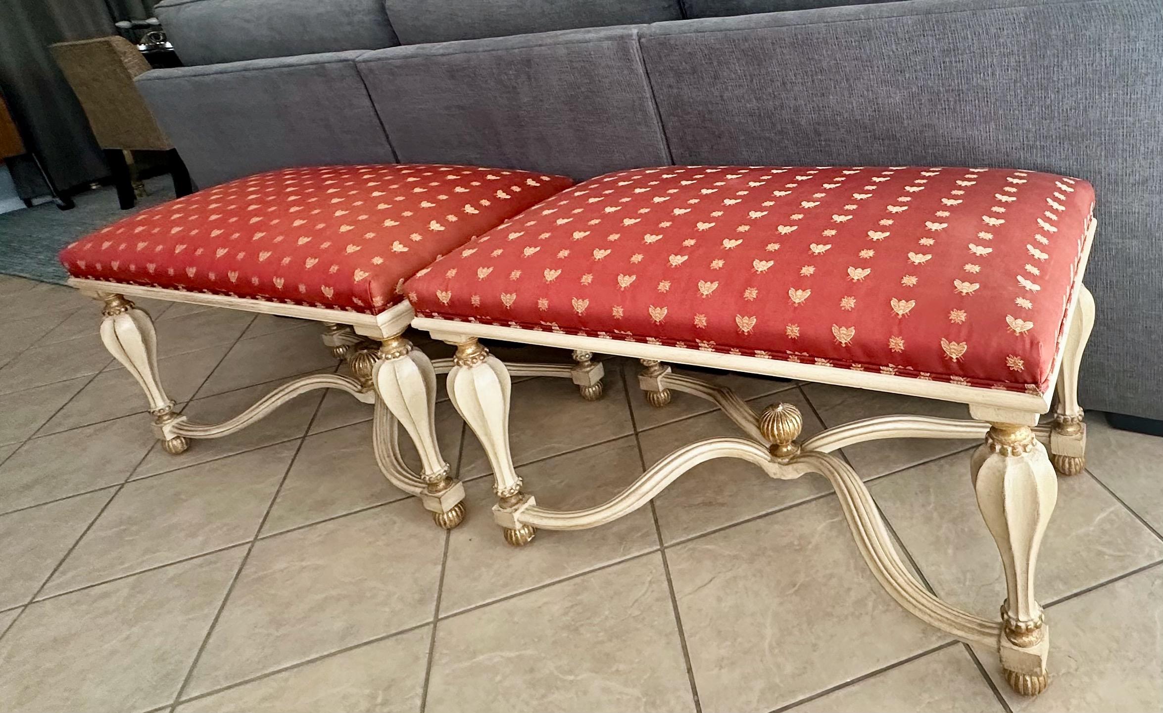 Pair Italian White & Partial Gilt Upholster Benches For Sale 4