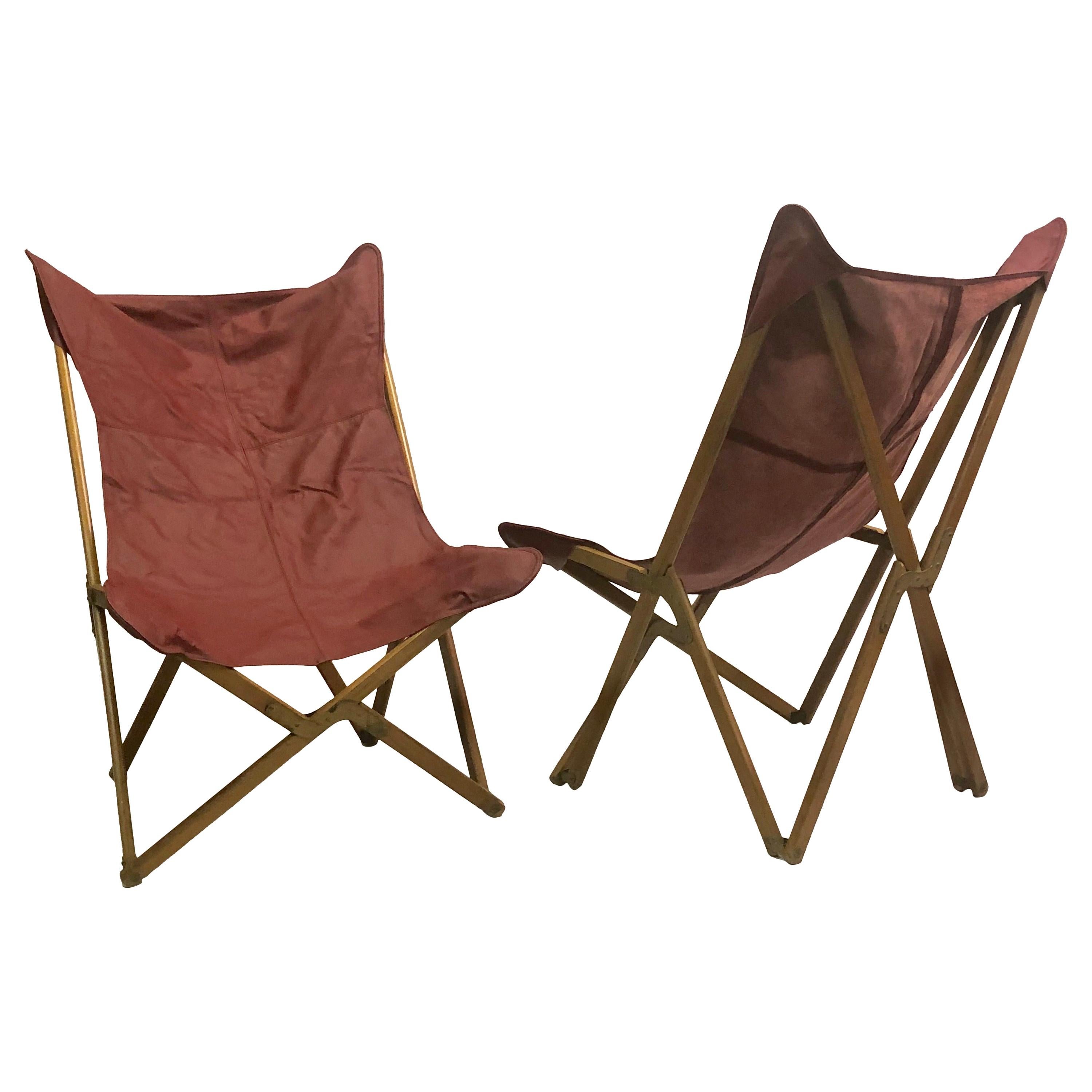 Pair of Italian Wood and Leather Folding 'Tripolina' Lounge Chairs, Joseph Fendy