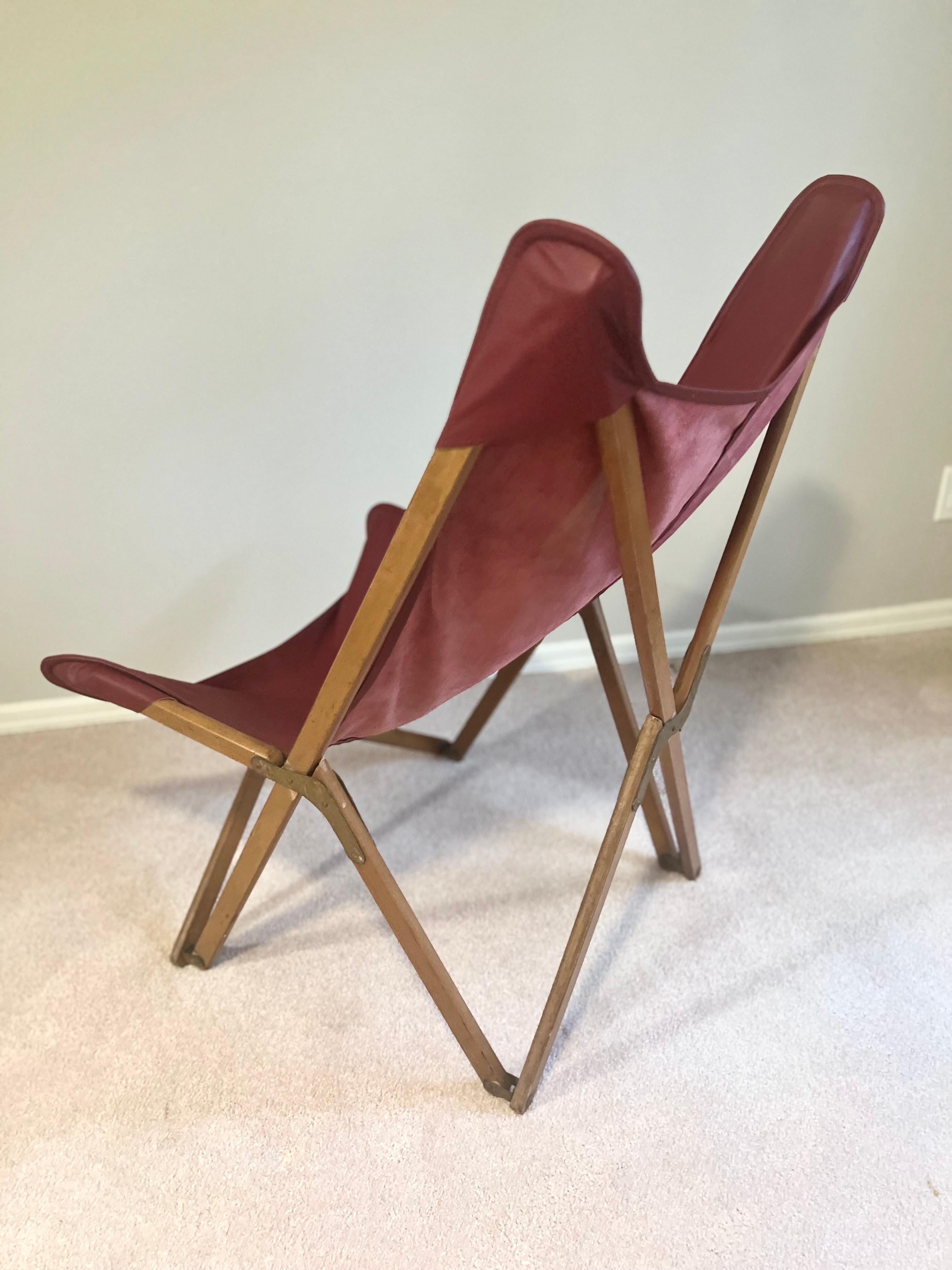 Pair Italian Wood & Leather Folding Tripolina Lounge Chairs, Joseph Fendy, 1937 For Sale 3