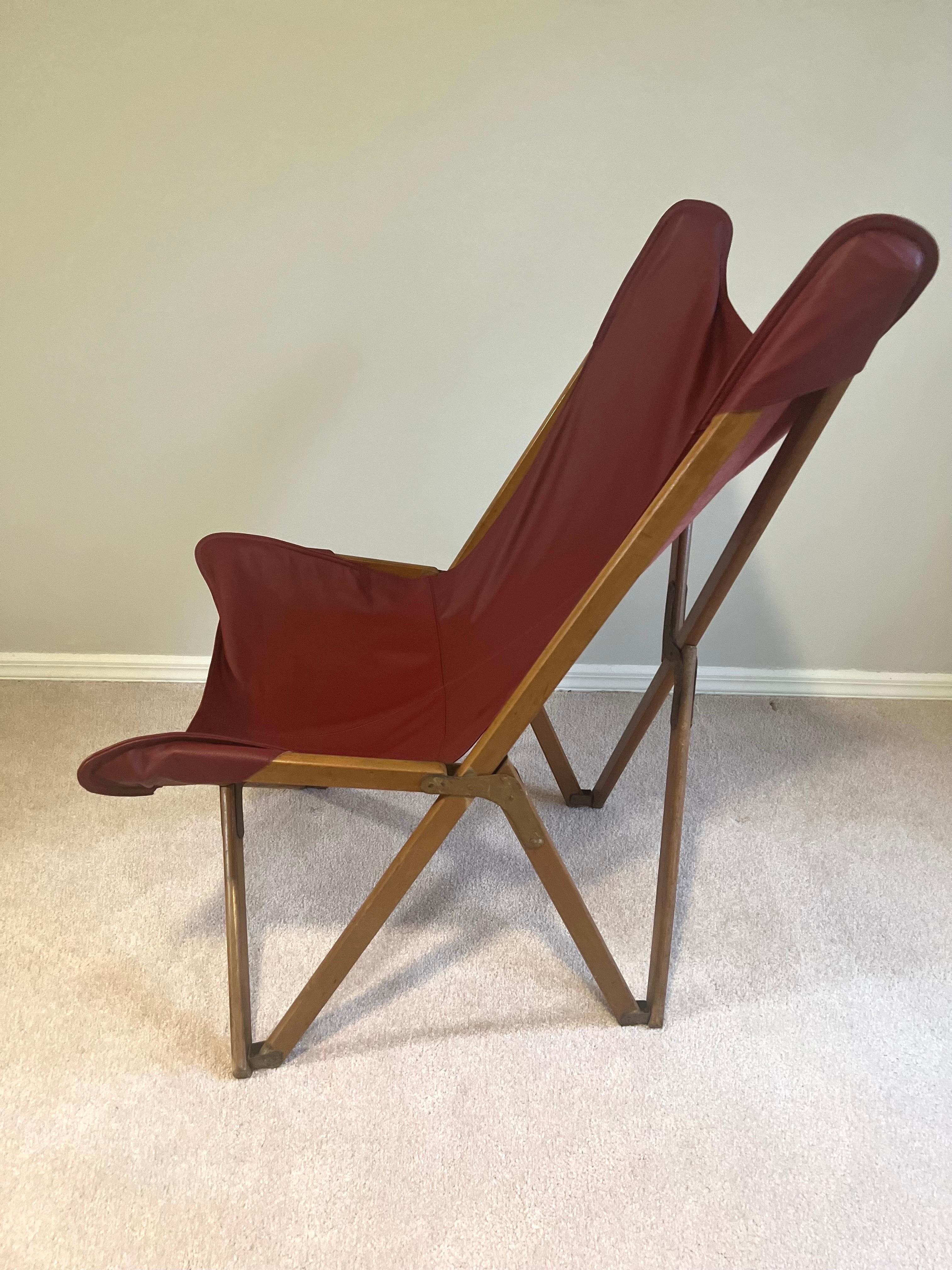 20th Century Pair Italian Wood & Leather Folding Tripolina Lounge Chairs, Joseph Fendy, 1937 For Sale
