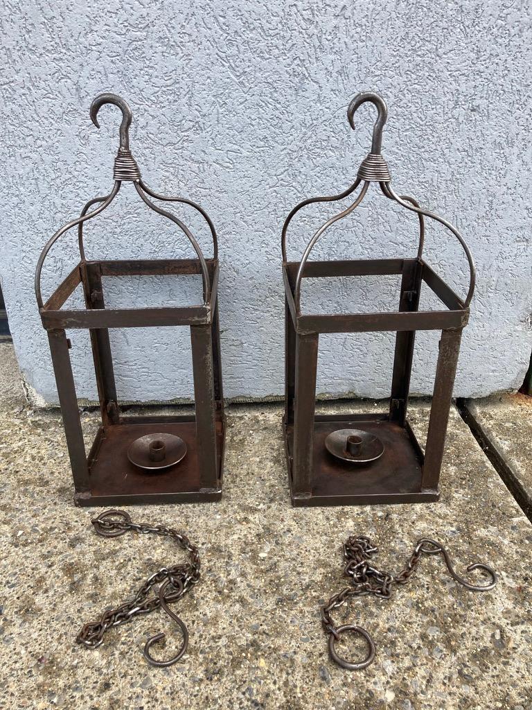 Neoclassical Pair Italian Wrought Iron Hanging Lanterns