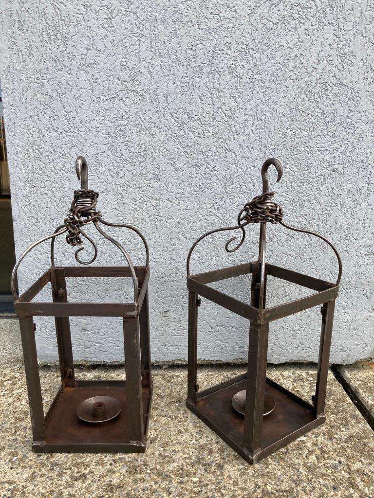 Pair Italian Wrought Iron Hanging Lanterns In Good Condition In Stamford, CT