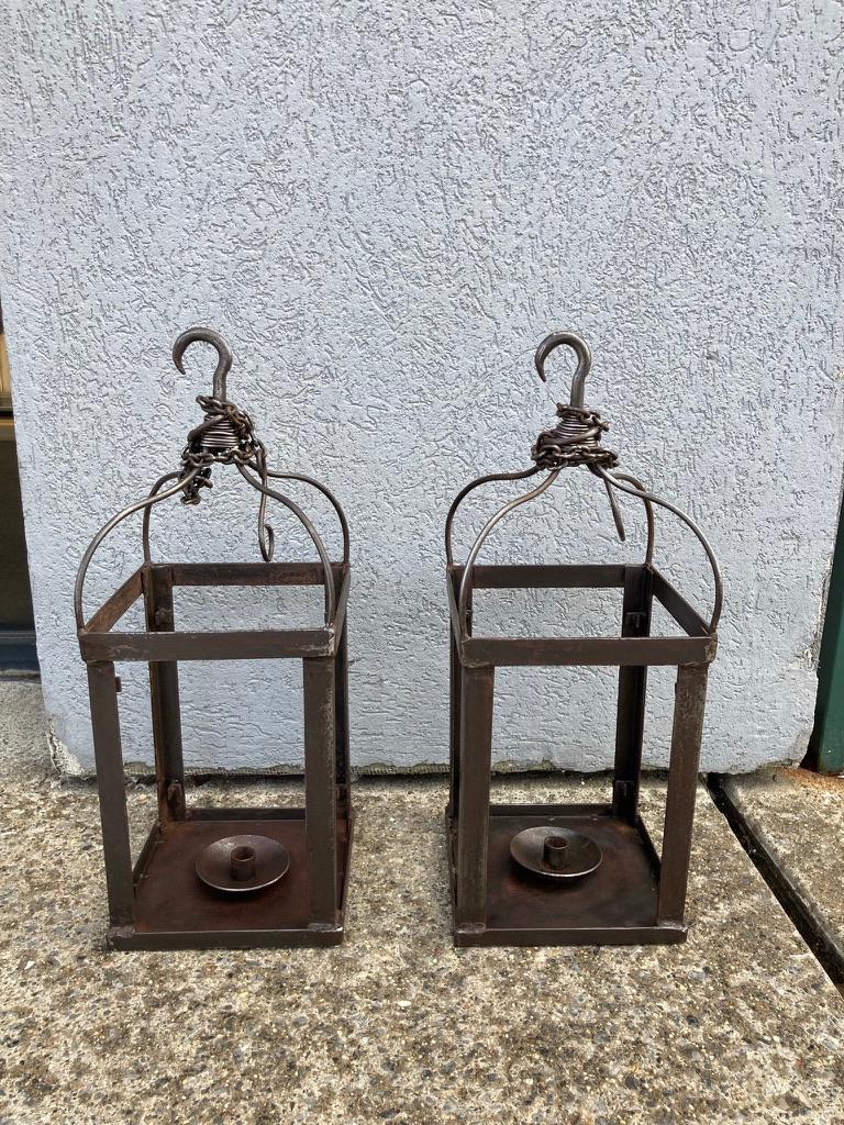 Pair Italian Wrought Iron Hanging Lanterns 1
