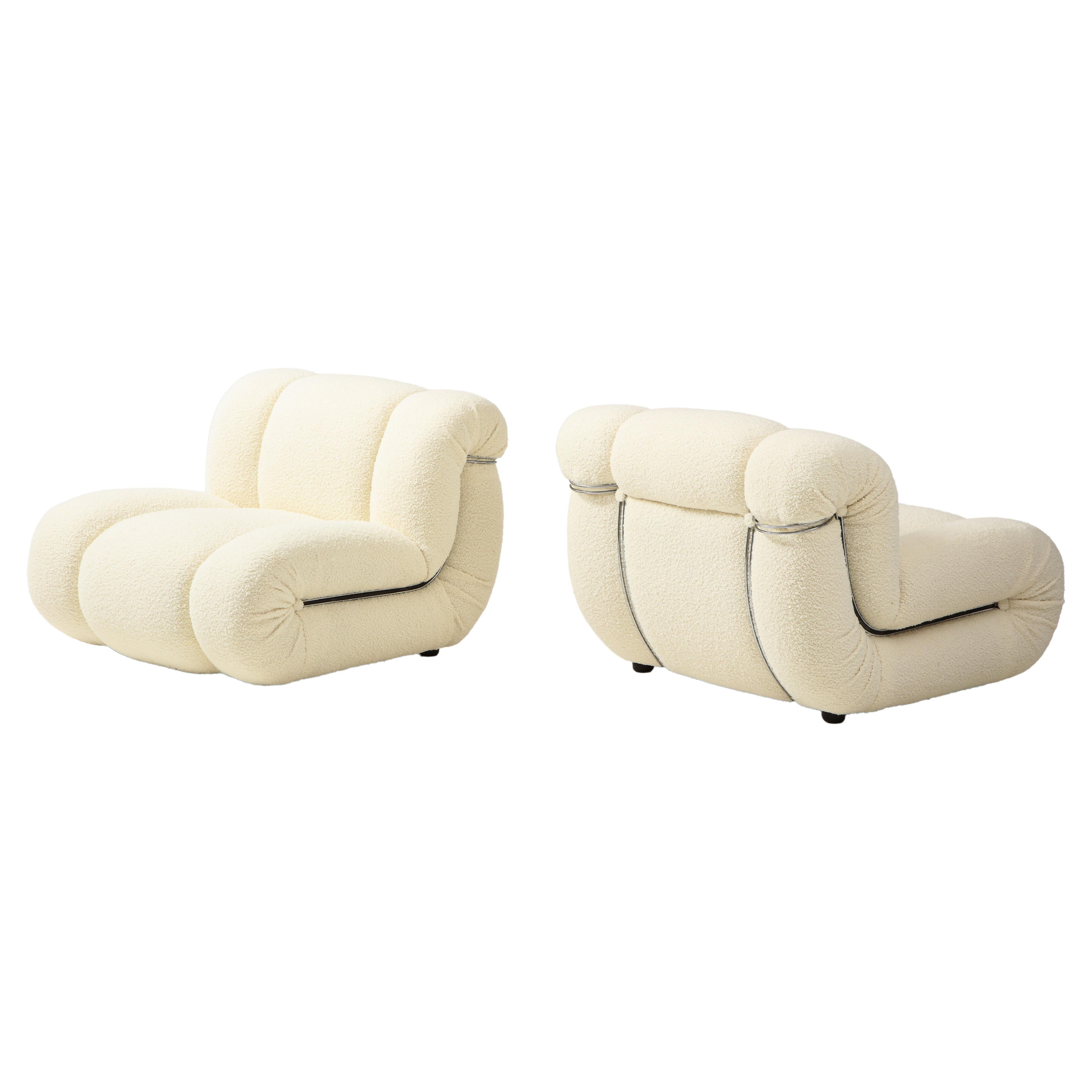 Pair Ivory Boucle "Velasquez" Modular Lounge Chairs by Mimo Padova, Italy, 1970s