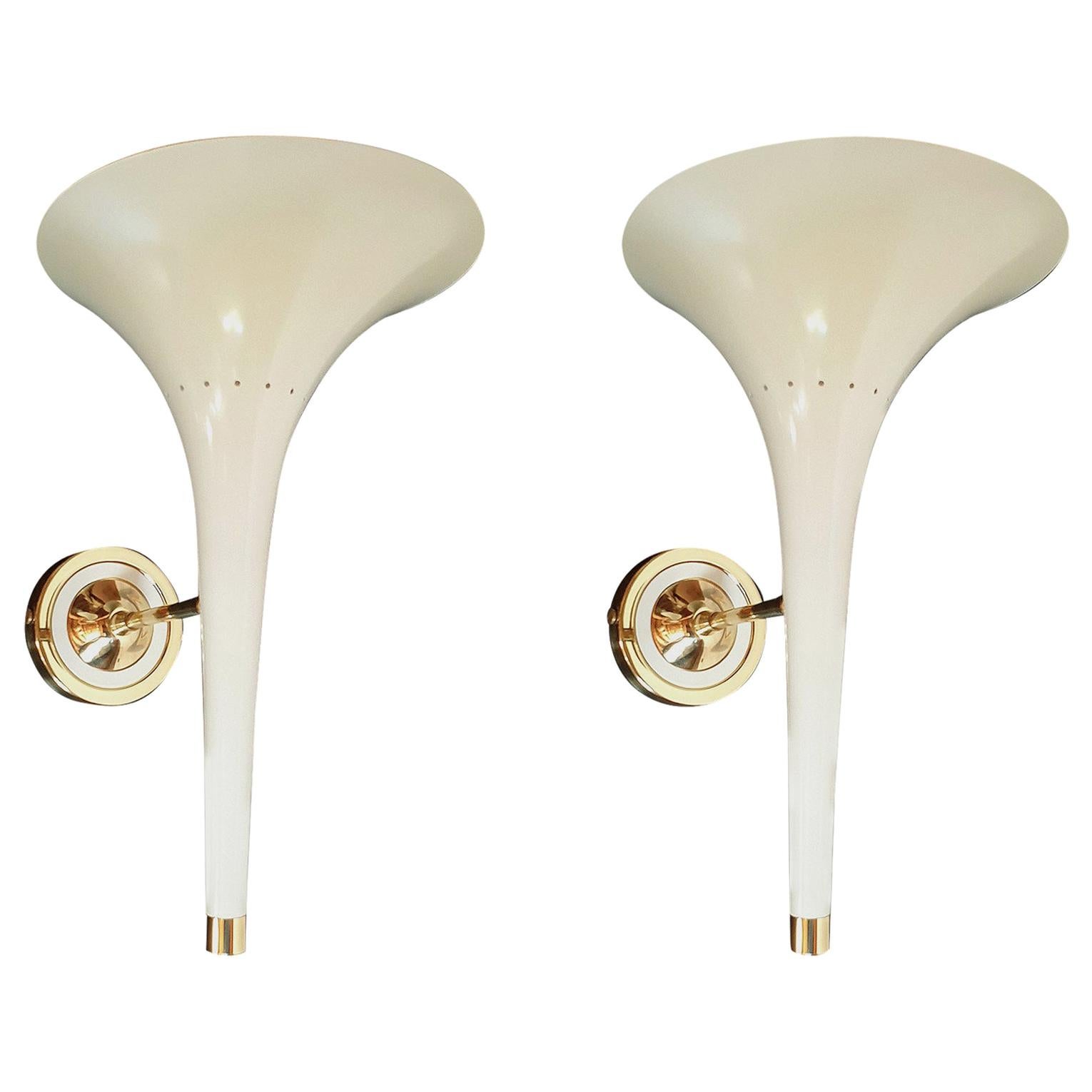 Pair of Ivory Enamel and Brass Mid-Century Modern Sconces, Stilnovo Style, 1990