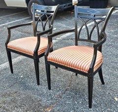 Pair J. Widdicomb Neoclassical Partial Gilt Ebonized Wood Upholstered Armchairs