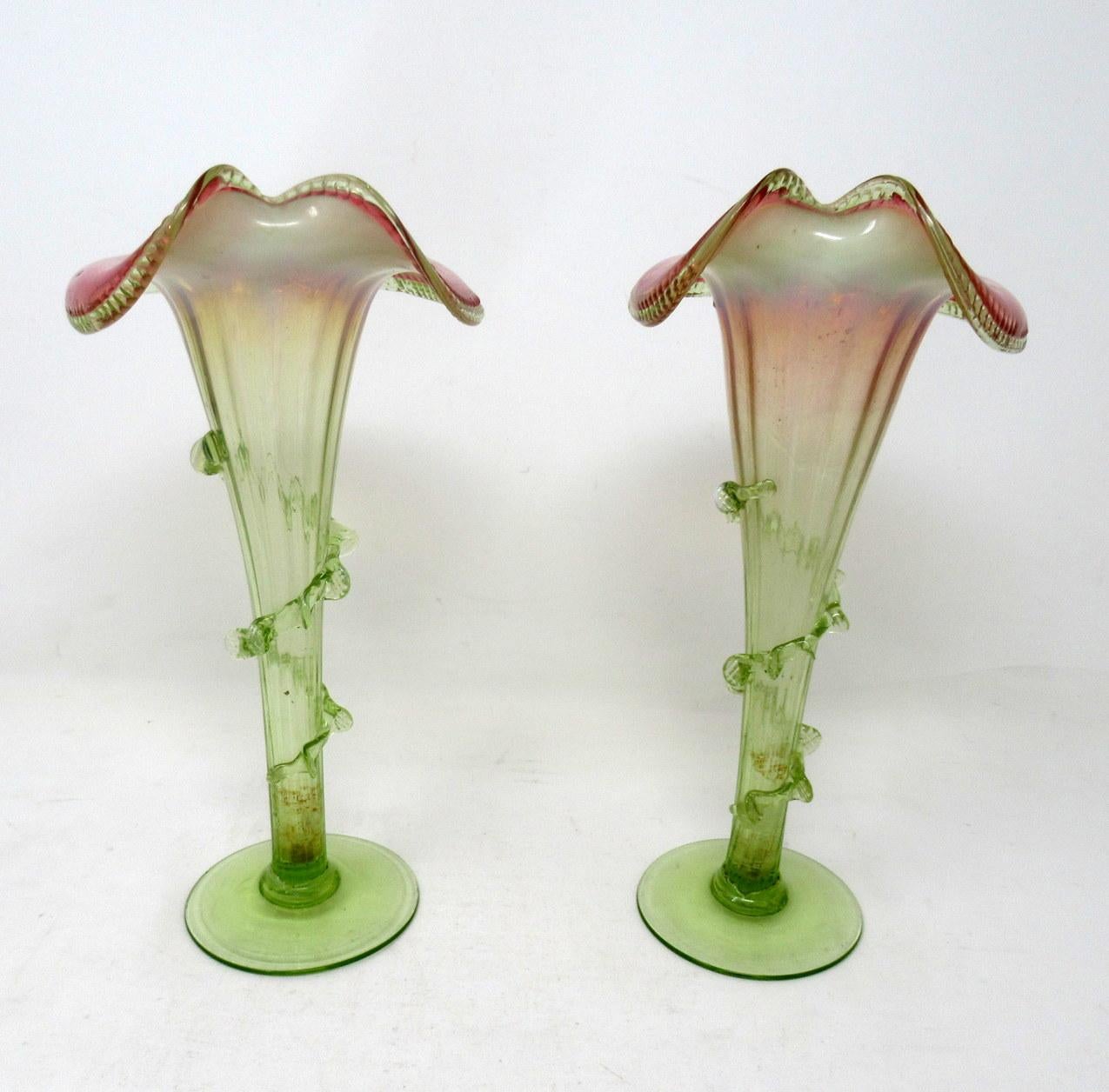 Early Victorian Pair of Jack in the Pulpit Victorian Iridescent Glass Flower Vases Thomas Webb