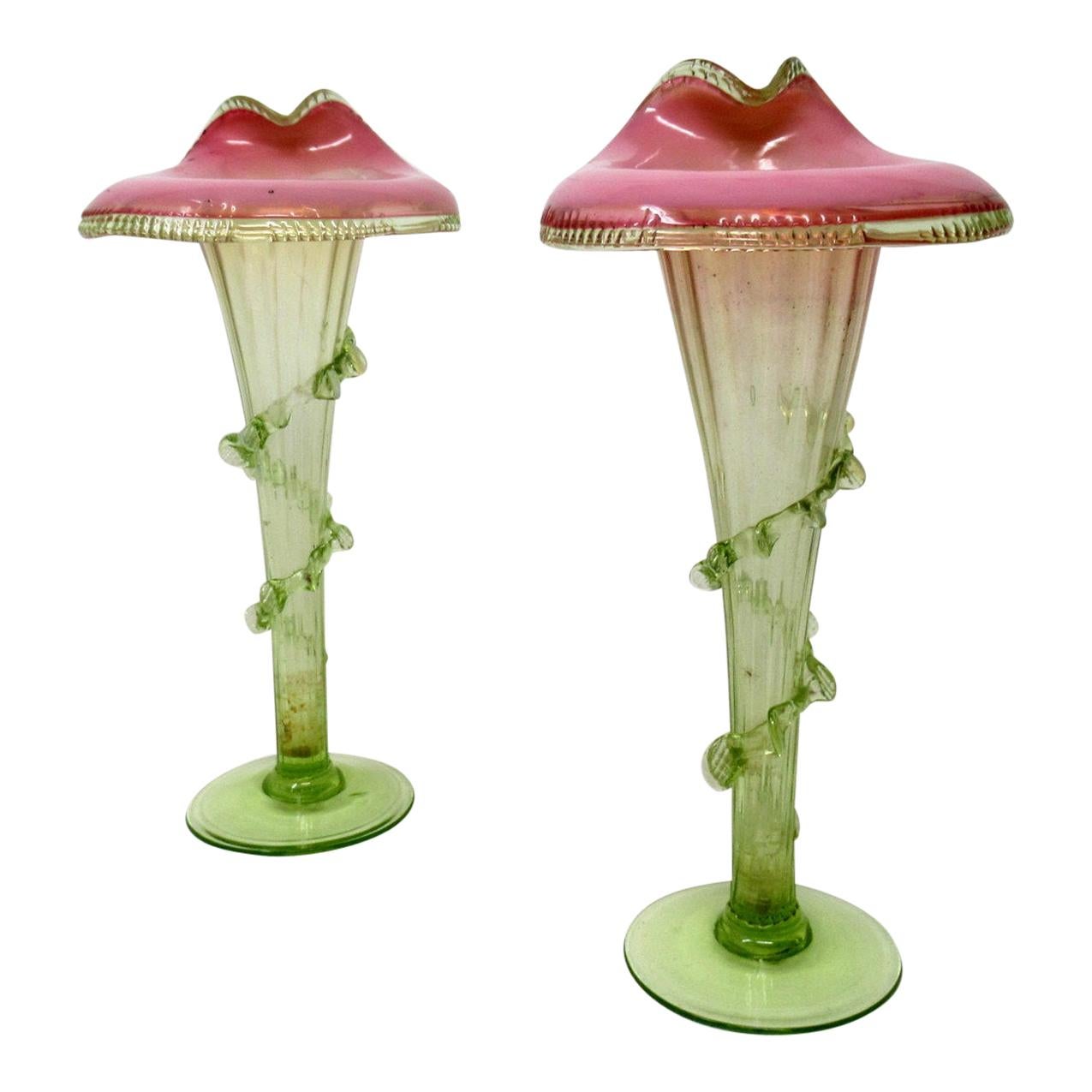 Pair of Jack in the Pulpit Victorian Iridescent Glass Flower Vases Thomas Webb