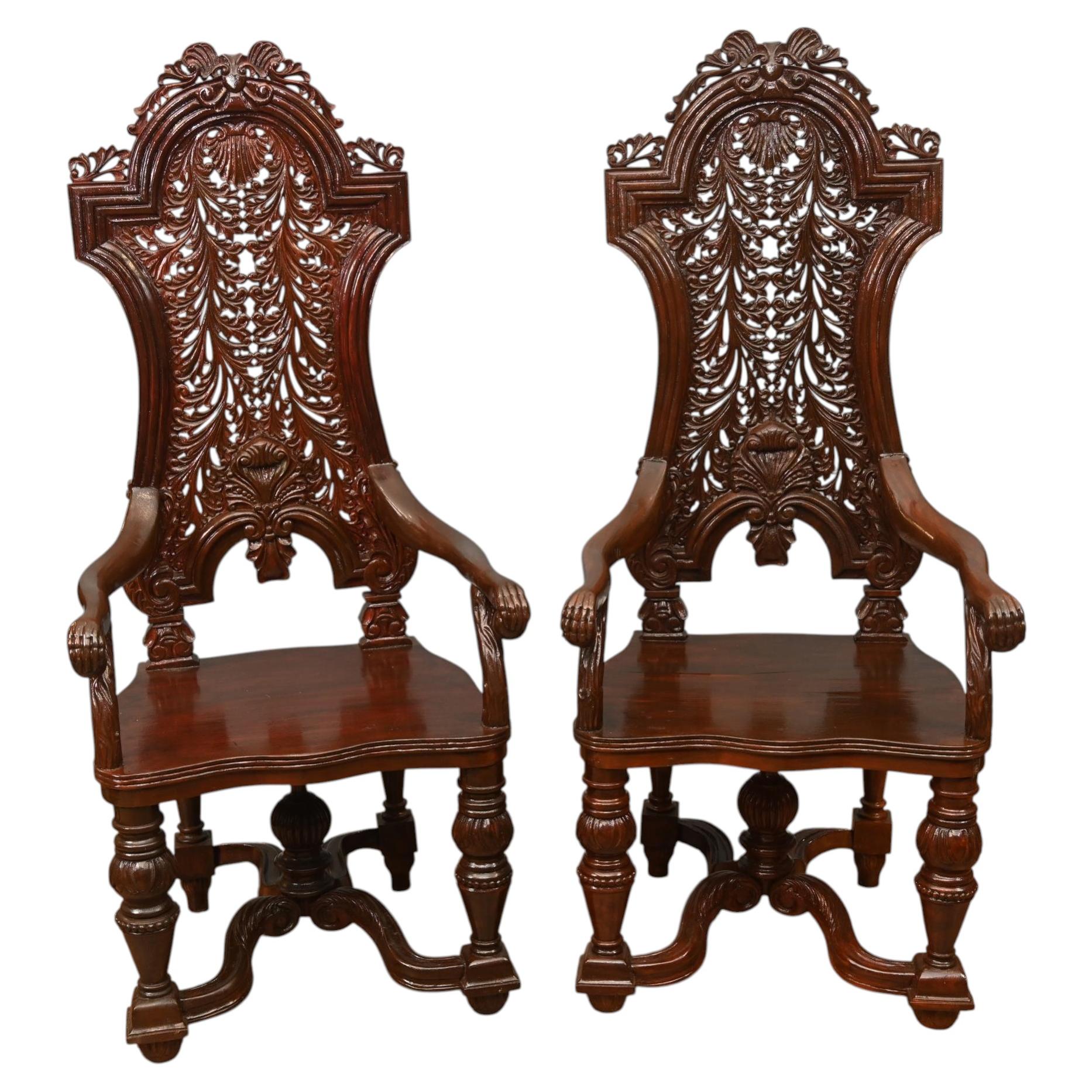 Paar jakobinische Hall Chairs Revival Arm Throne geschnitzte Eiche