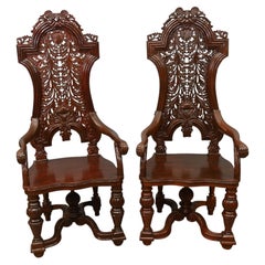 Pair Jacobean Hall Chairs Revival Arm Thrones Carved Oak
