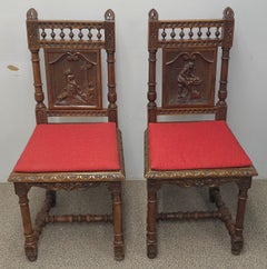 Pair Jacobean Style Carved Oak and Caned Seat Side Chairs