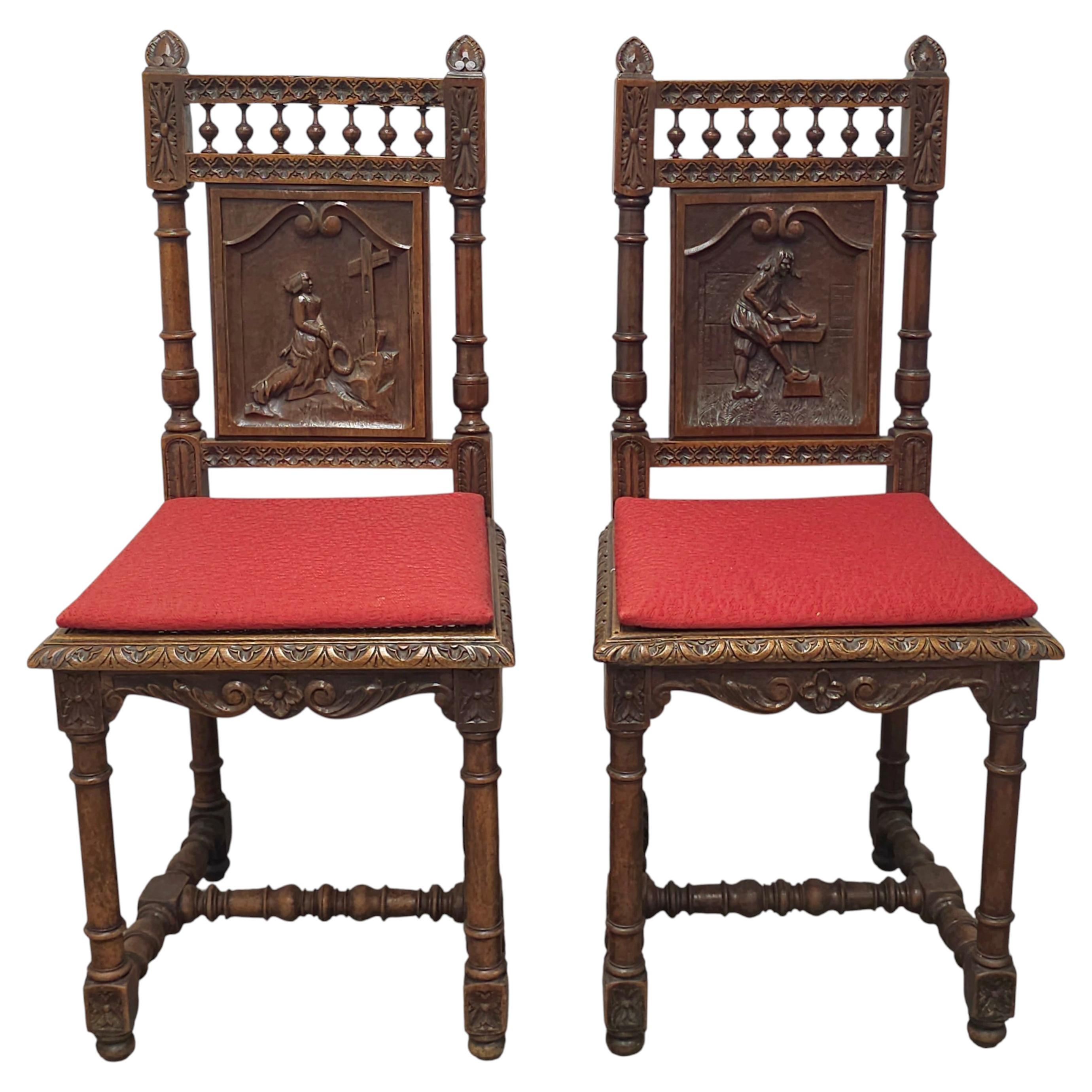 Pair Jacobean Style Carved Oak and Caned Seat Side Chairs