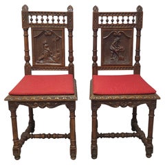 Pair Jacobean Style Carved Oak and Caned Seat Side Chairs