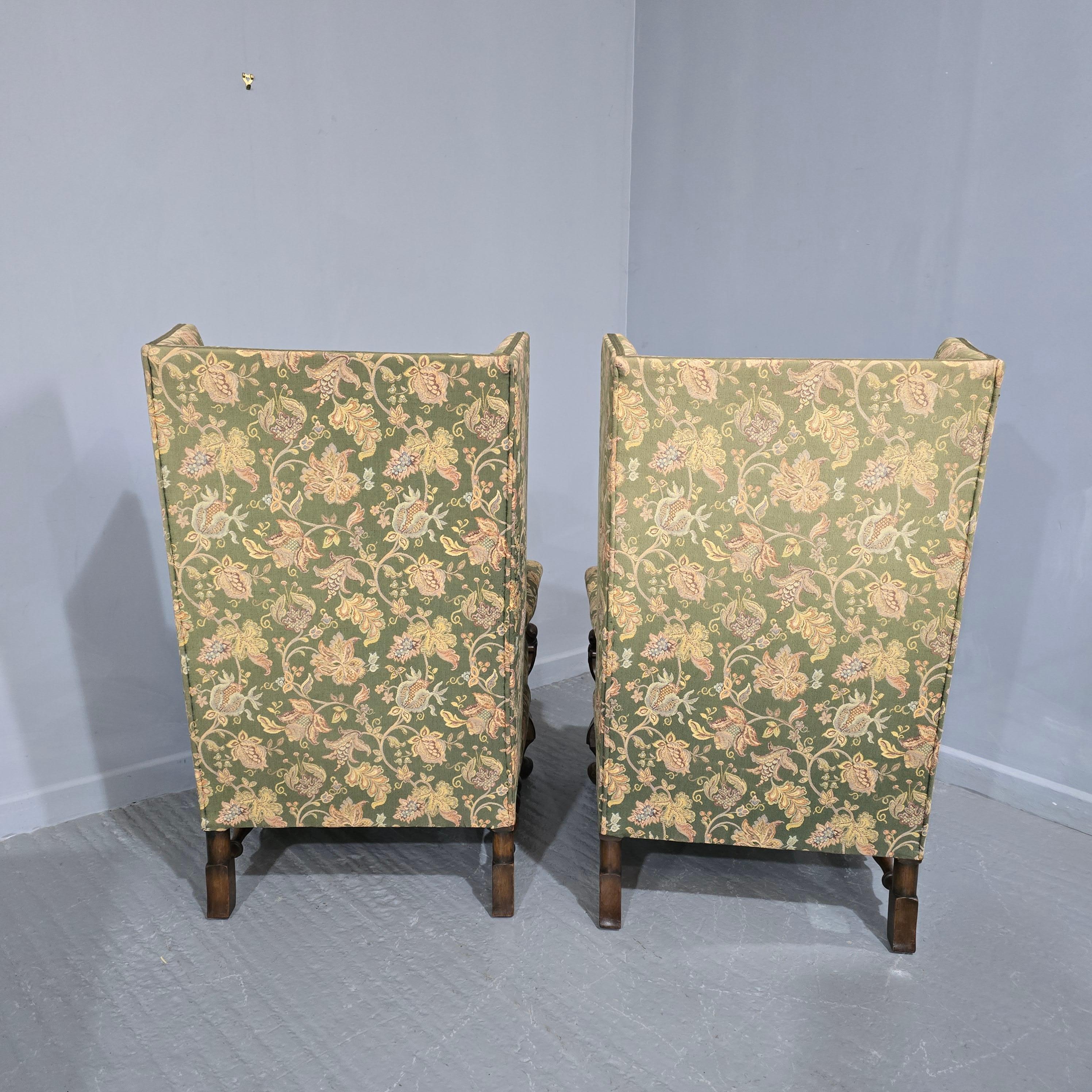 Pair Jacobean Walnut Wing Library Armchairs For Sale 5