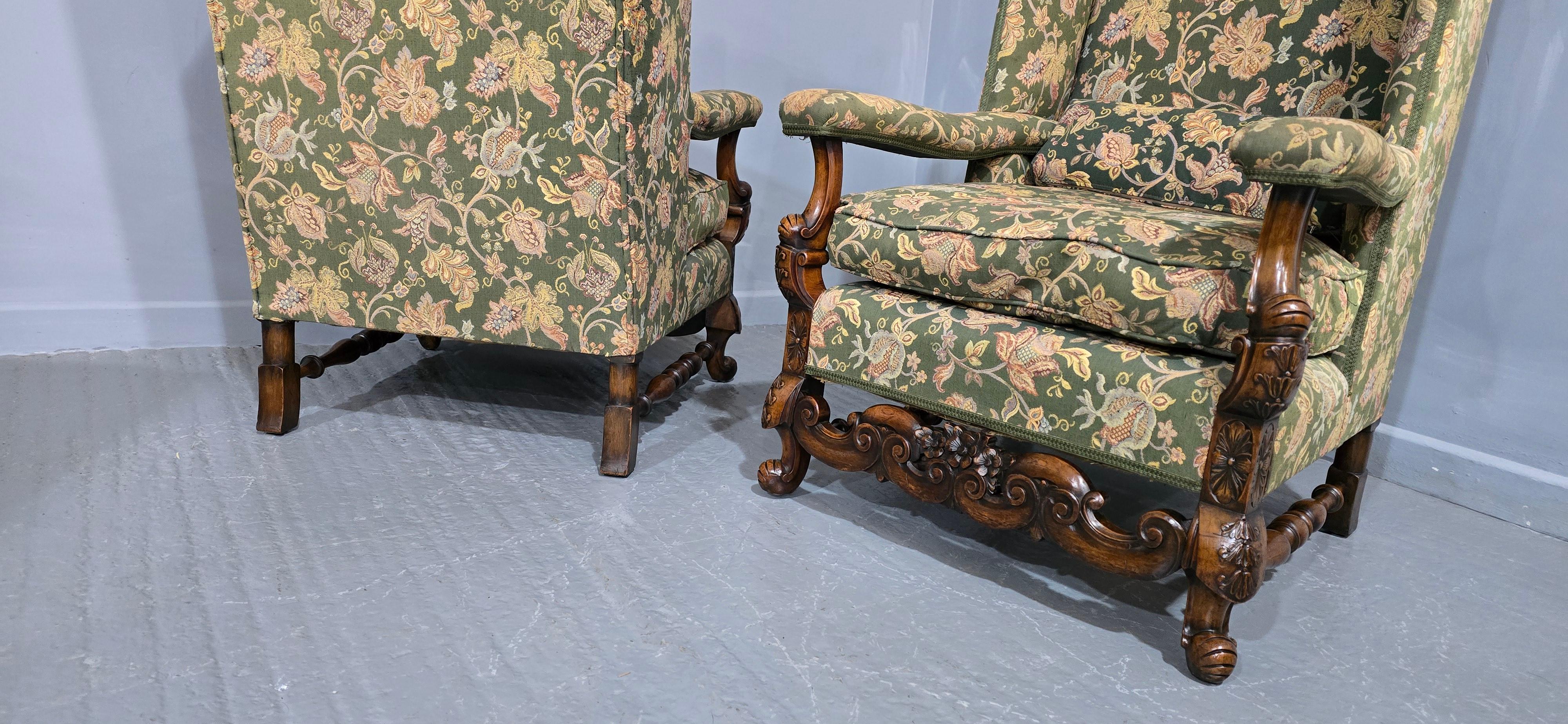 Pair Jacobean Walnut Wing Library Armchairs For Sale 7