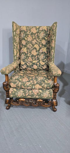 Pair Jacobean Walnut Wing Library Armchairs