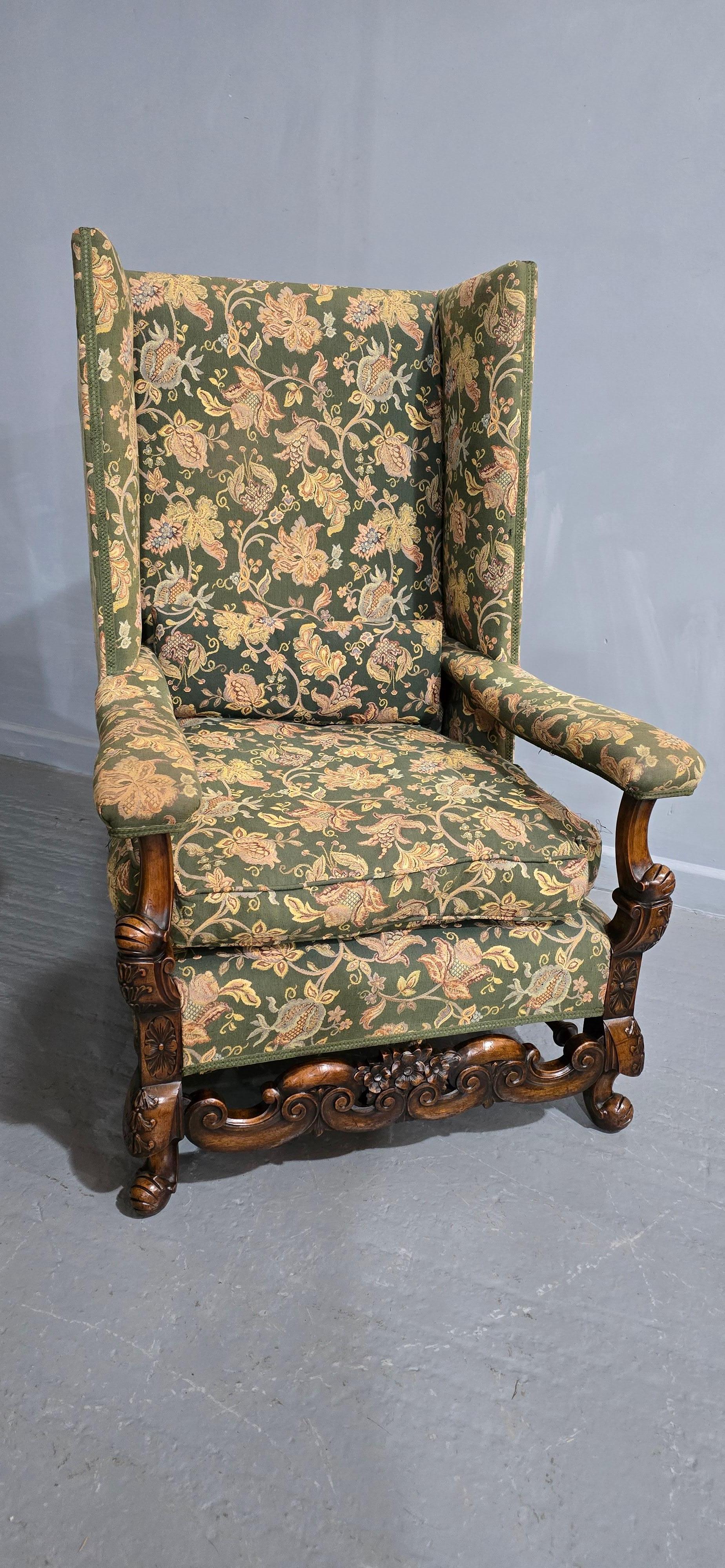 English Pair Jacobean Walnut Wing Library Armchairs For Sale