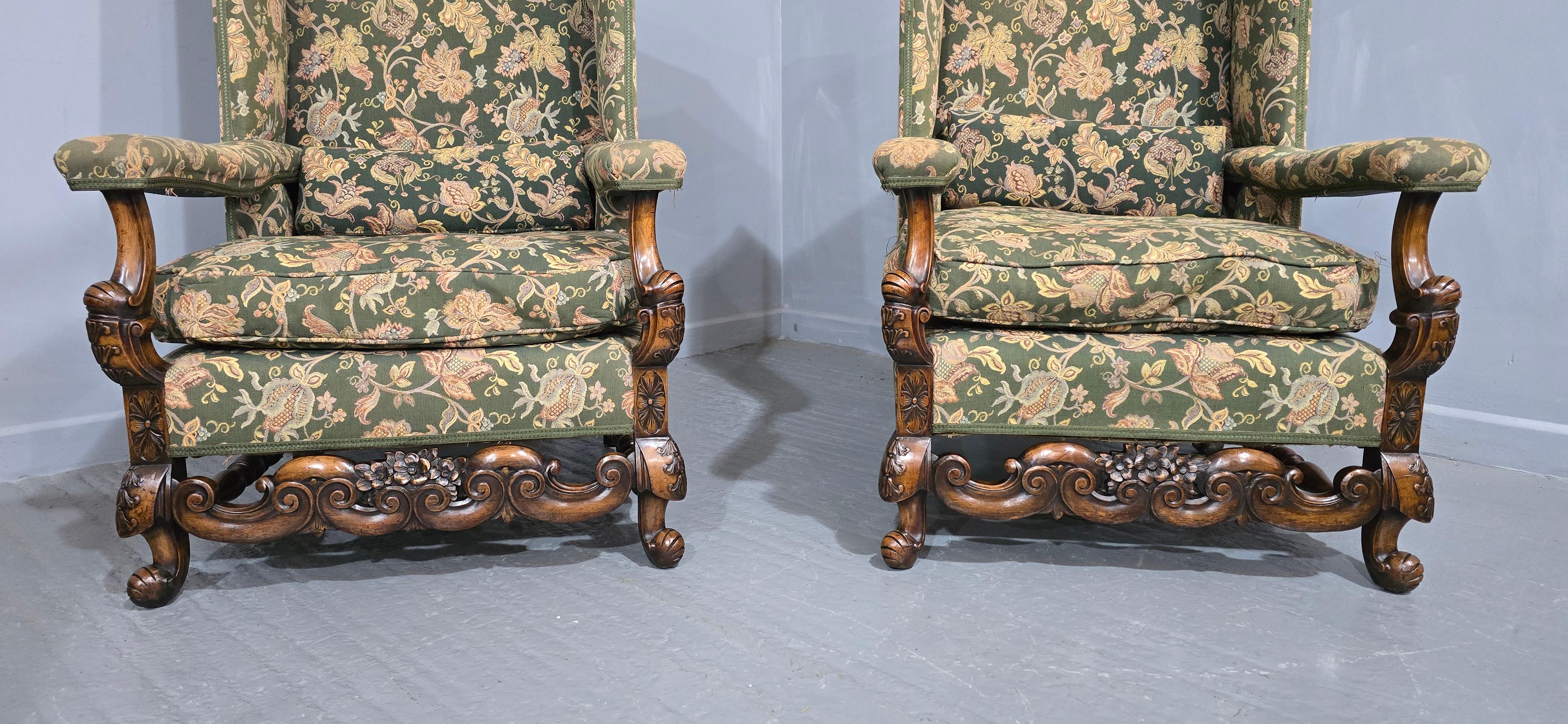 Pair Jacobean Walnut Wing Library Armchairs In Good Condition For Sale In Swadlincote, GB