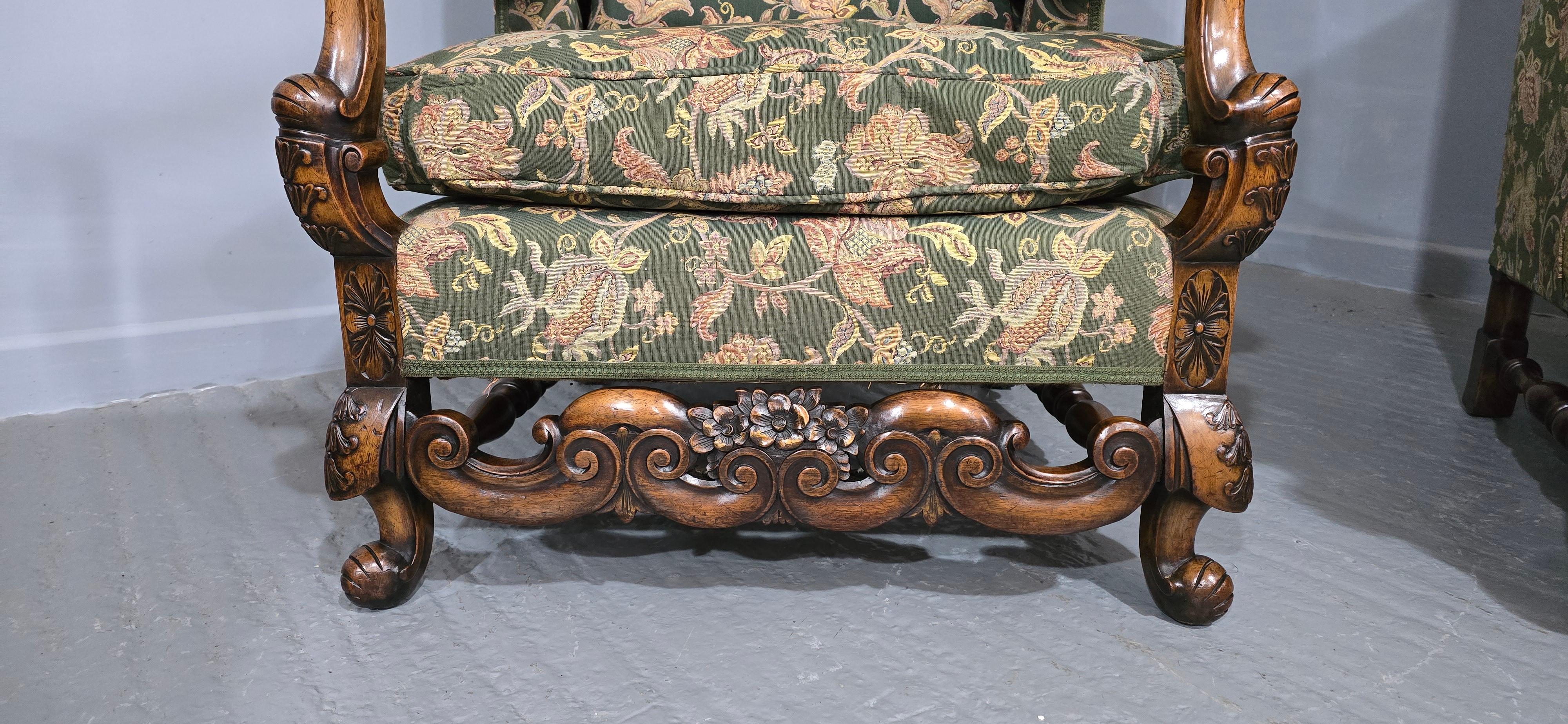 20th Century Pair Jacobean Walnut Wing Library Armchairs For Sale