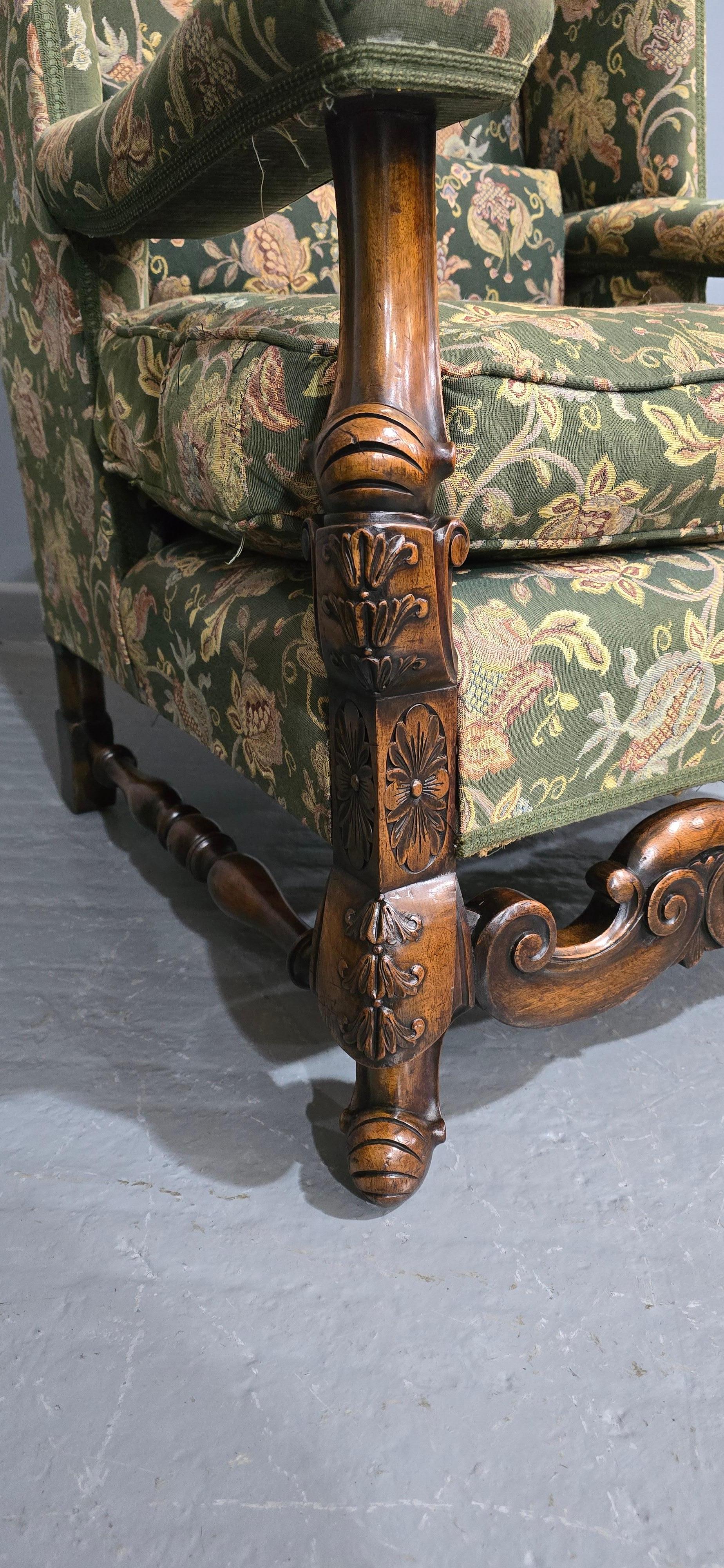 Pair Jacobean Walnut Wing Library Armchairs For Sale 1