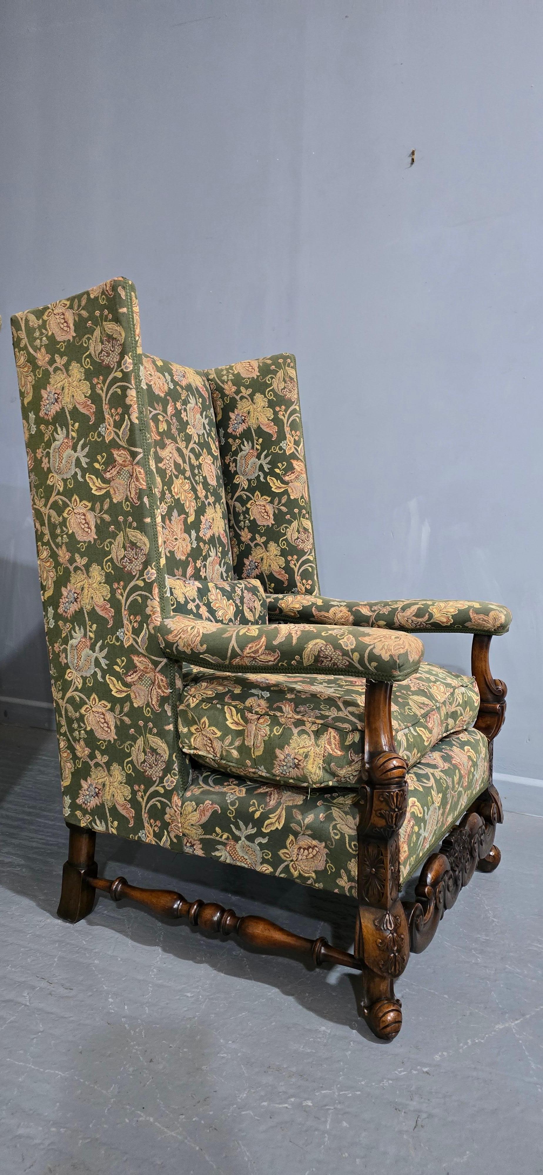 Pair Jacobean Walnut Wing Library Armchairs For Sale 2