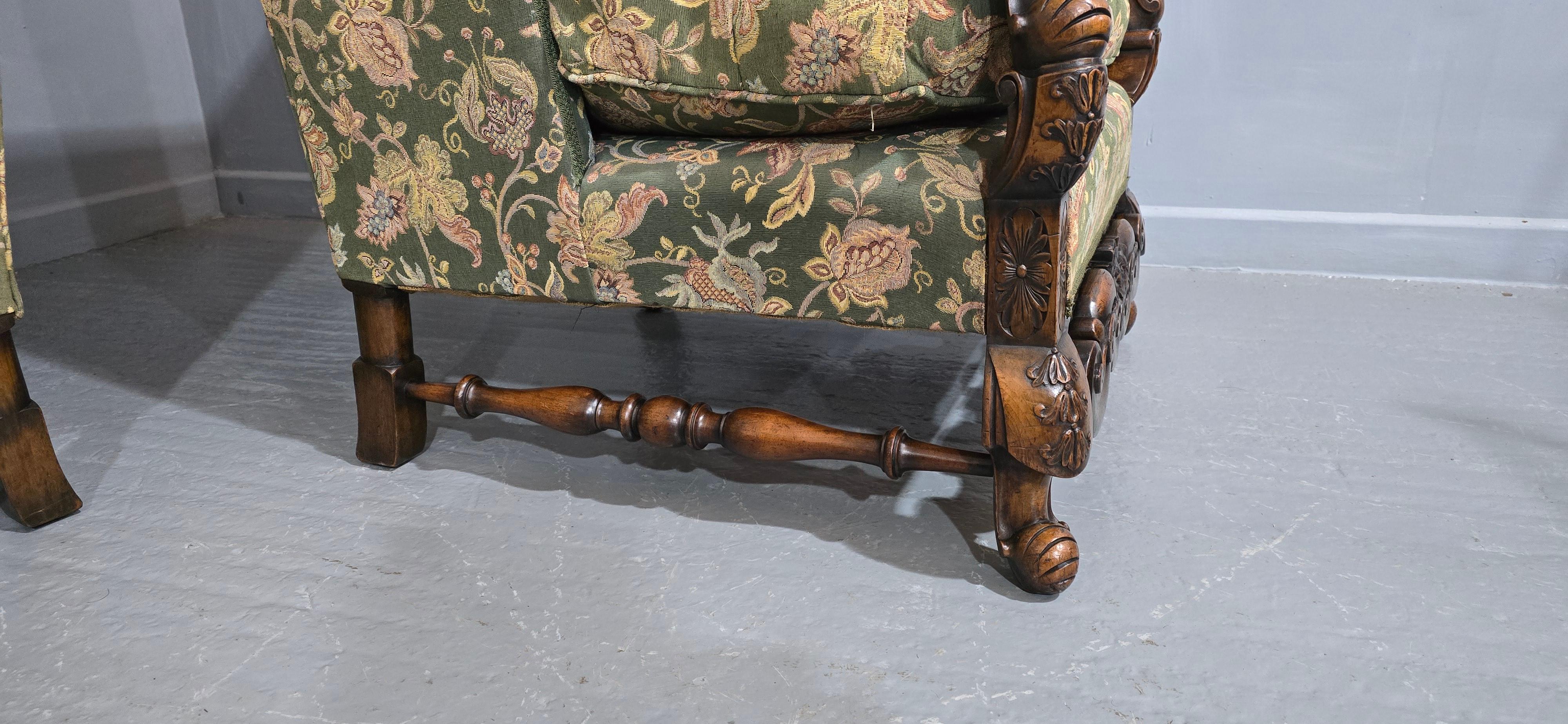 Pair Jacobean Walnut Wing Library Armchairs For Sale 3