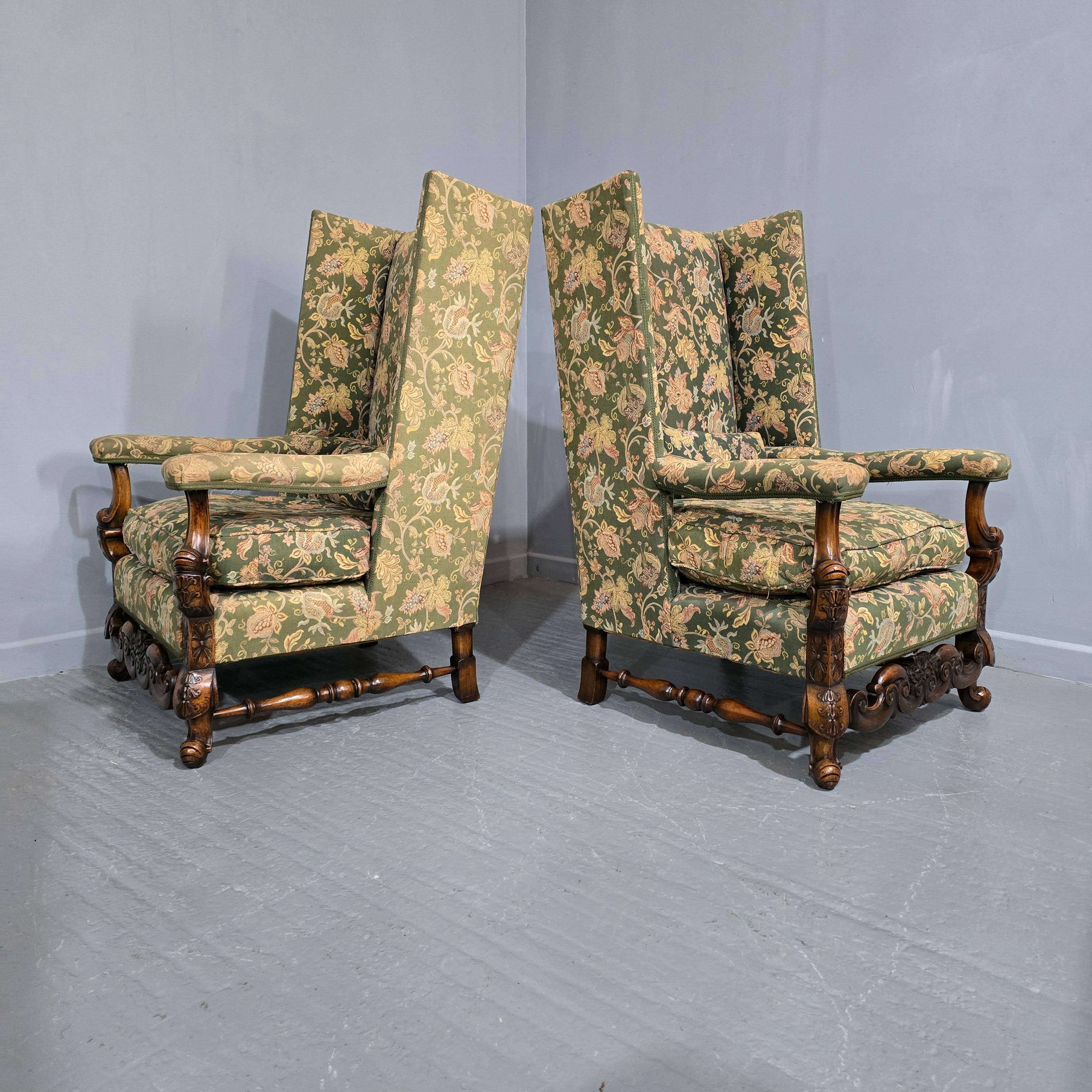 Pair Jacobean Walnut Wing Library Armchairs For Sale 4