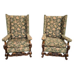 Pair Jacobean Walnut Wing Library Armchairs