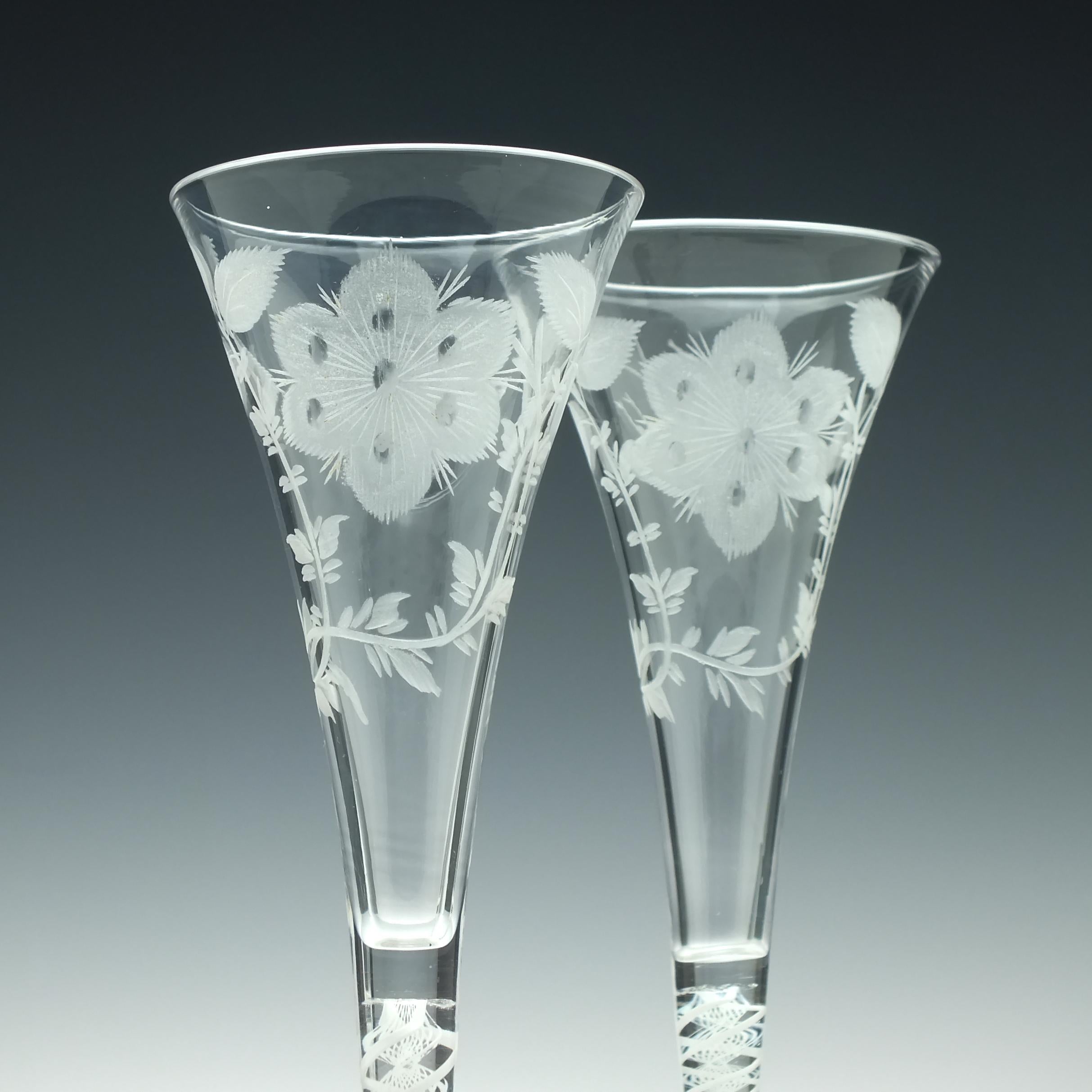 English Pair of Jacobite Carnation Opaque Twist Wine Glass, circa 1760 For Sale