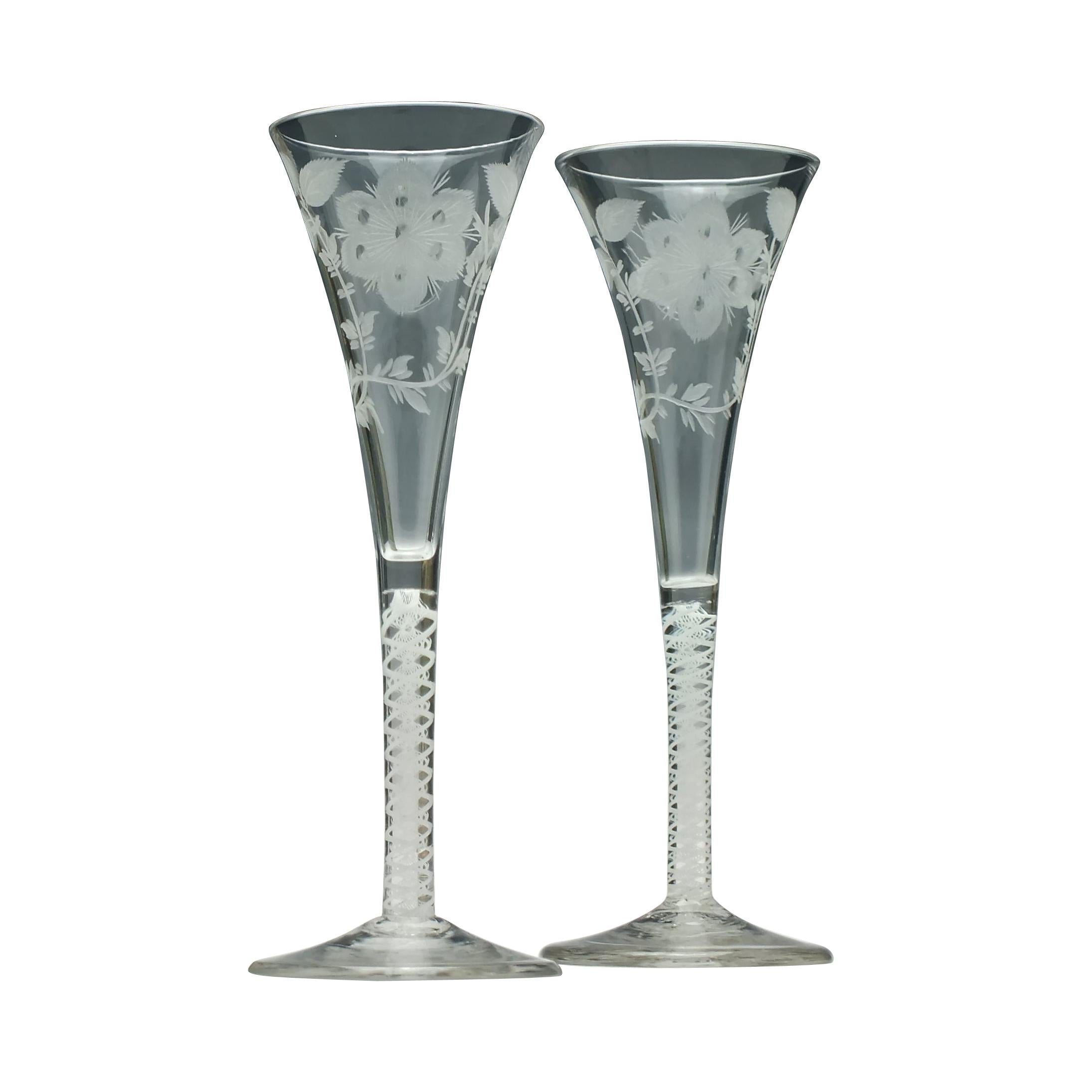 Pair of Jacobite Carnation Opaque Twist Wine Glass, circa 1760 For Sale
