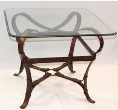Pair, Jacques Adnet for Hermes Style Equestrian Motif Iron & Glass Side Tables