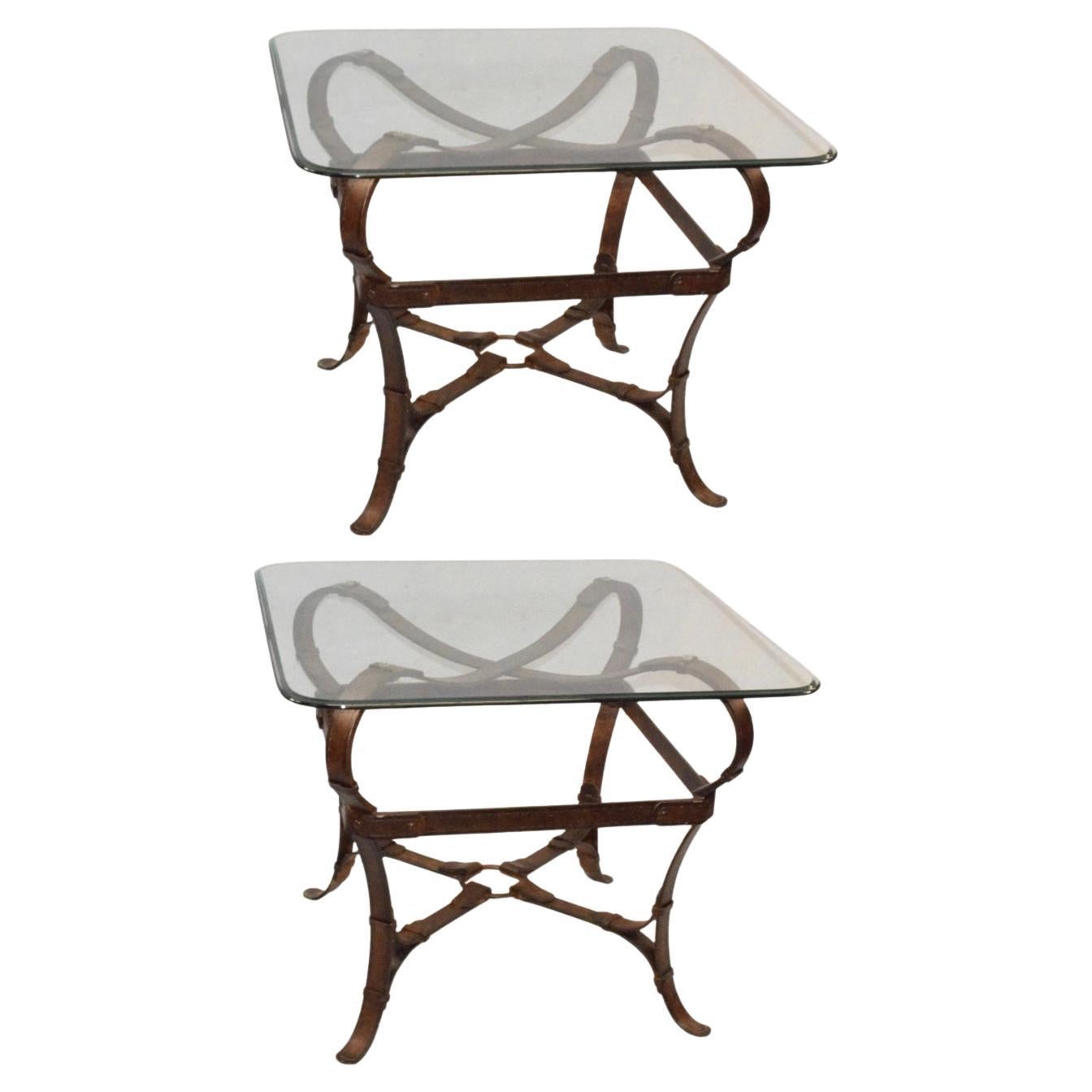Pair, Jacques Adnet for Hermes Style Equestrian Motif Iron & Glass Side Tables