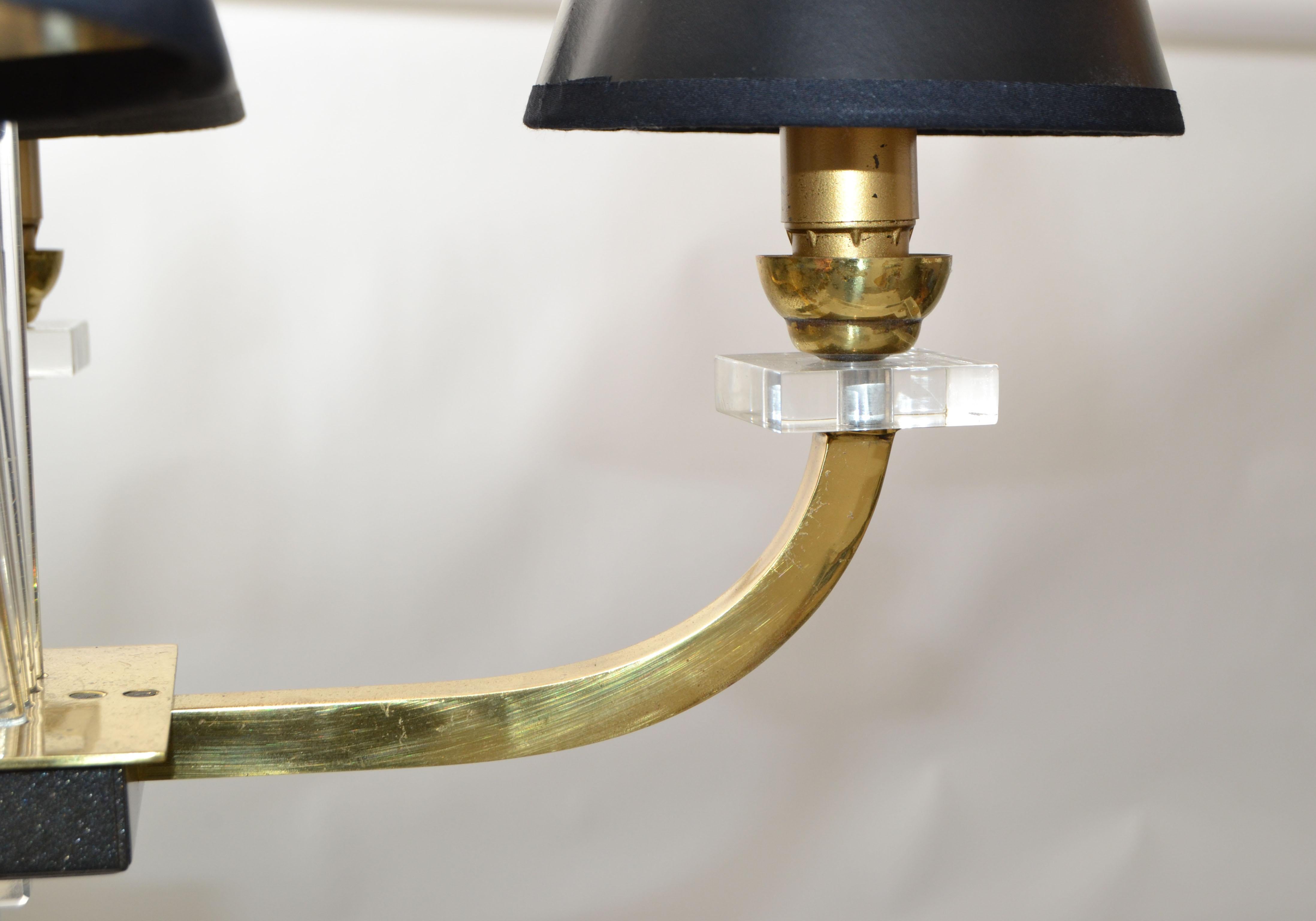 Pair, Jacques Adnet Style Brass Lucite & Glass Rods 4 Light French Chandelier For Sale 3