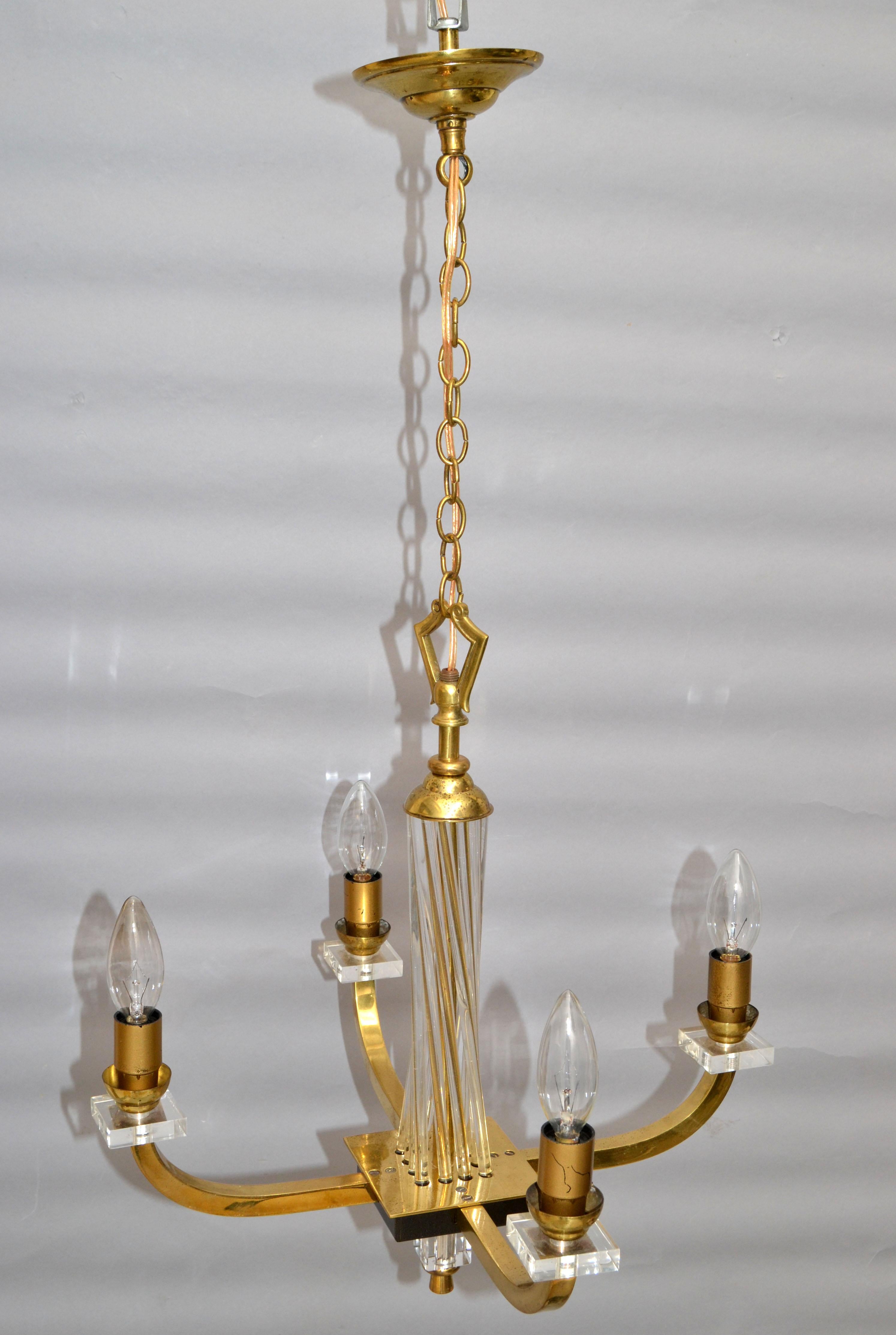 Pair, Jacques Adnet Style Brass Lucite & Glass Rods 4 Light French Chandelier For Sale 4