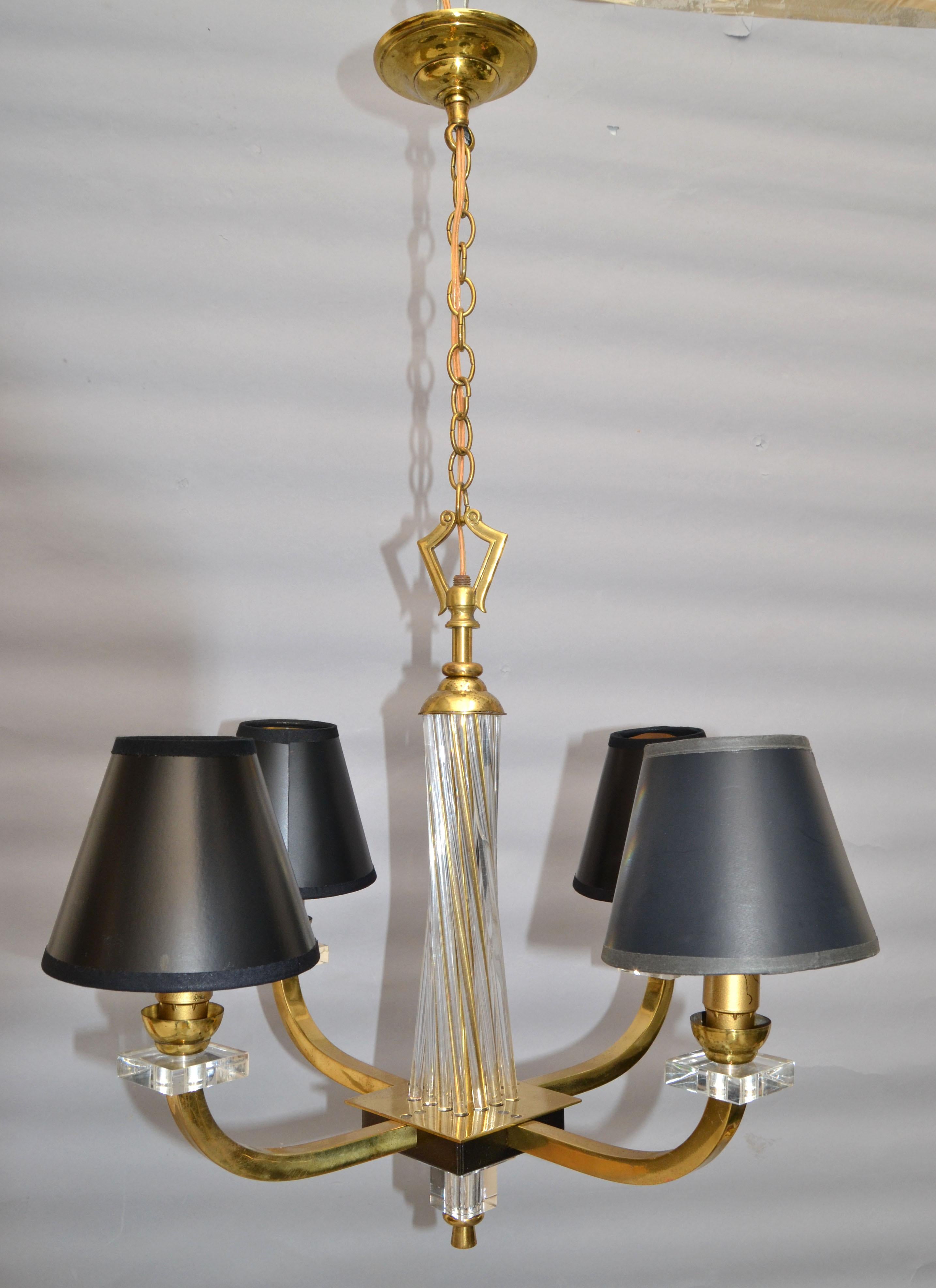 Pair, Jacques Adnet Style Brass Lucite & Glass Rods 4 Light French Chandelier For Sale 7