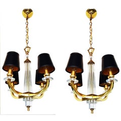 Pair, Jacques Adnet Style Brass Lucite & Glass Rods 4 Light French Chandelier